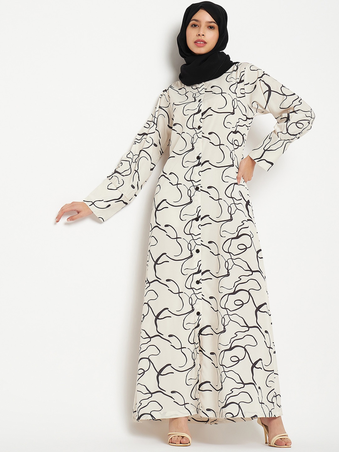 

NABIA Front Open Printed Abaya Burqa With Side Pockets, White