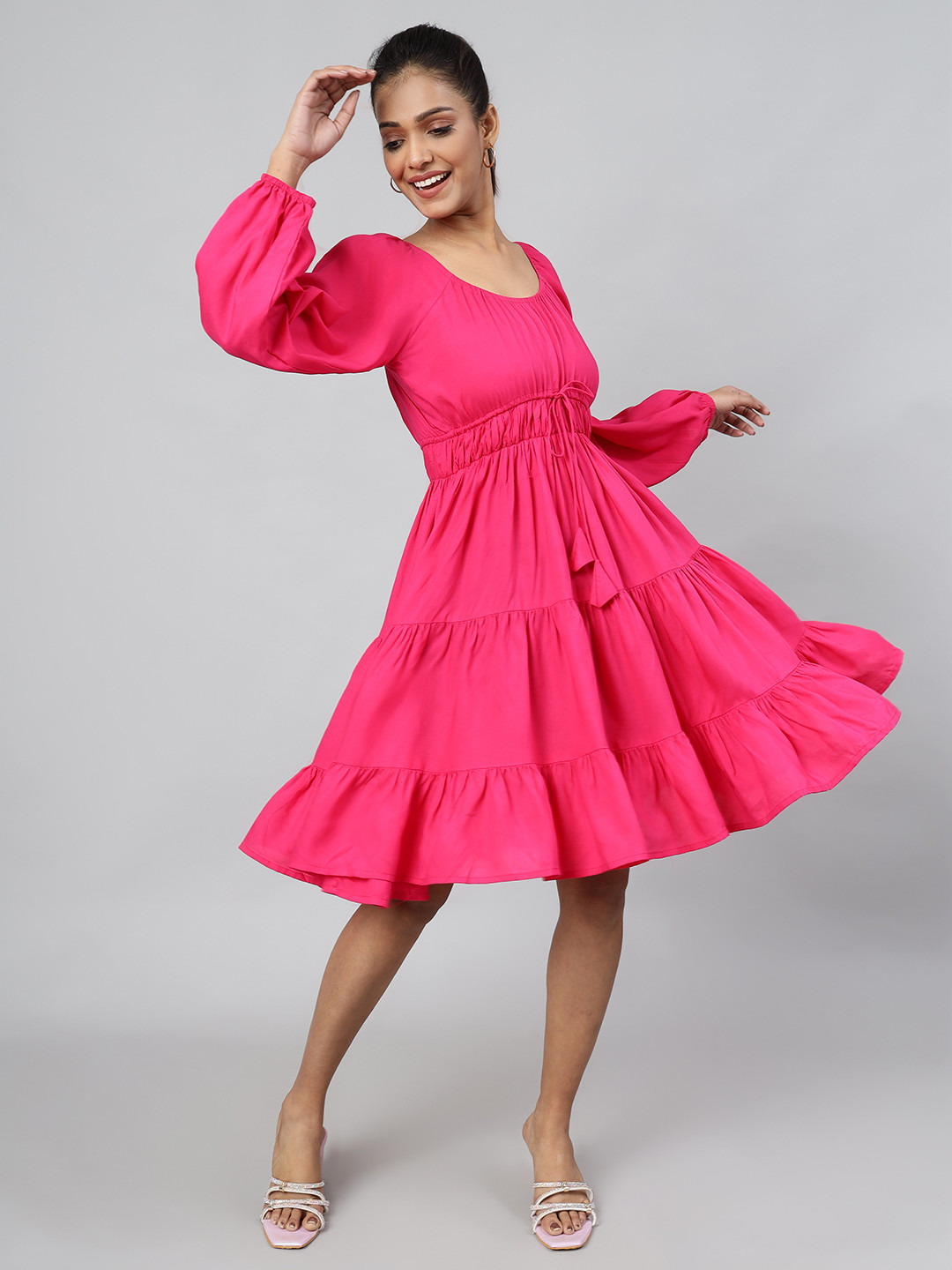 

DAEVISH Round Neck Puff Sleeve Tie-up Knee Length Fit & Flare Dress, Pink
