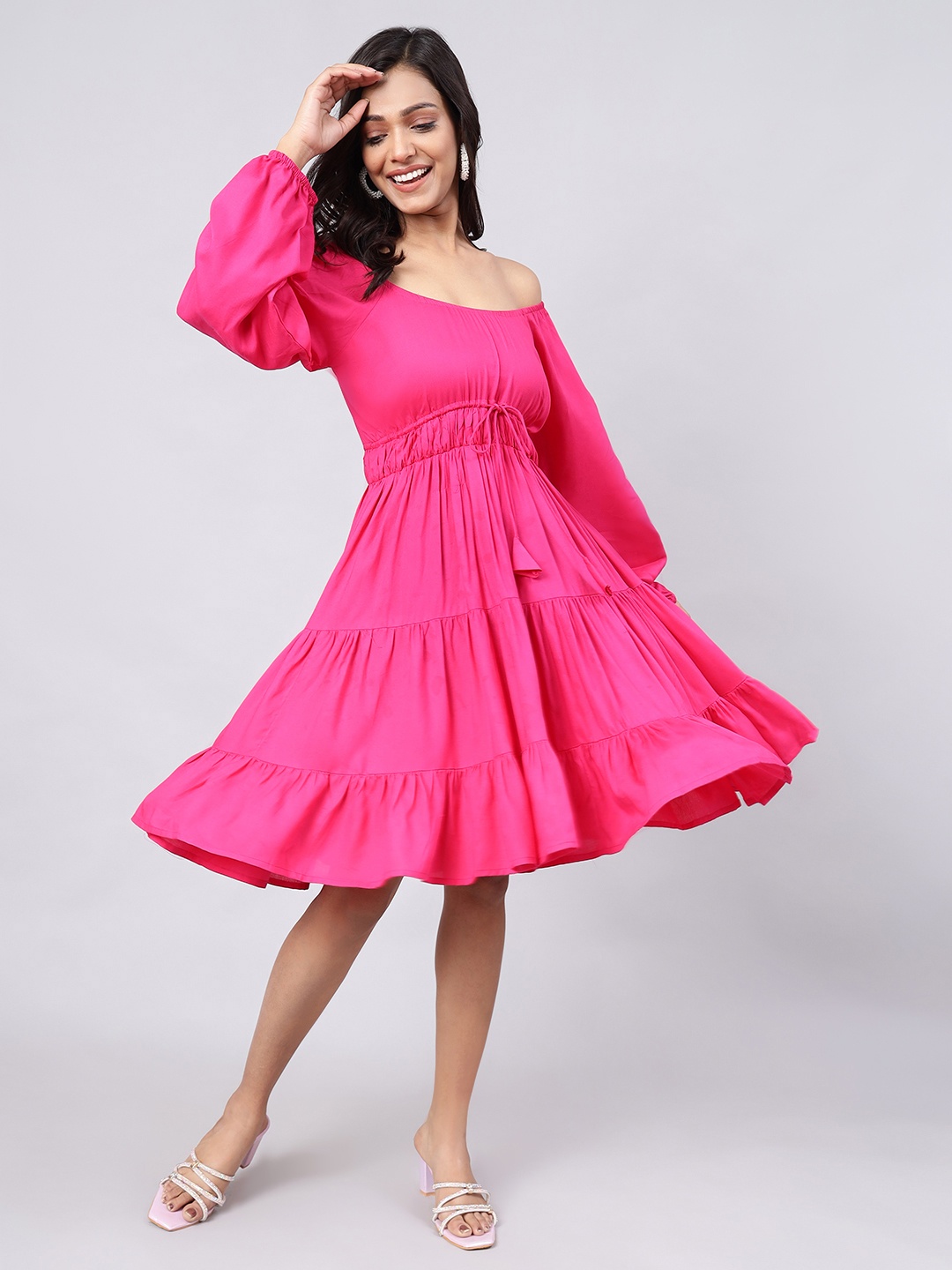 

DAEVISH Off-Shoulder Puff Sleeve Fit & Flare Midi Dress, Pink