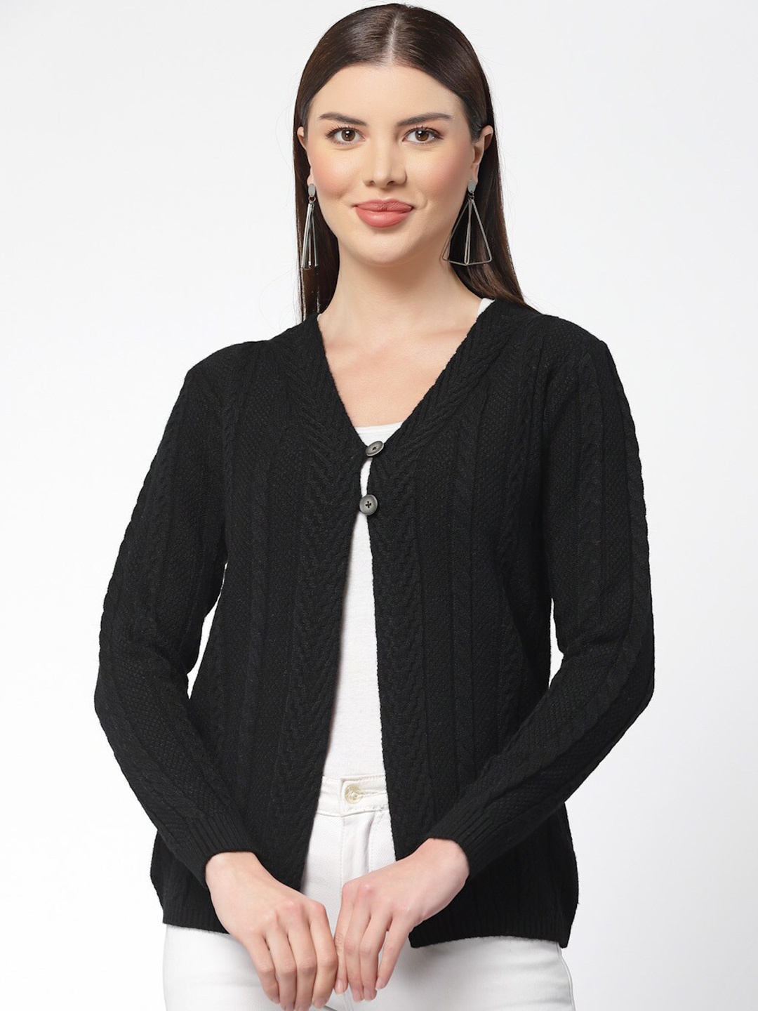 

Kalt Cable Knit Self Design V-Neck Acrylic Woollen Ribbed Cardigan, Black