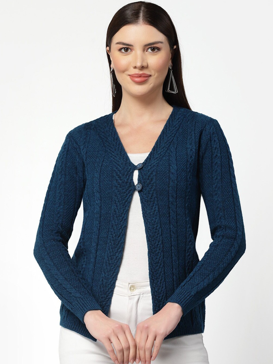 

Kalt Cable Knit Self Design Acrylic Cardigan Sweater, Teal