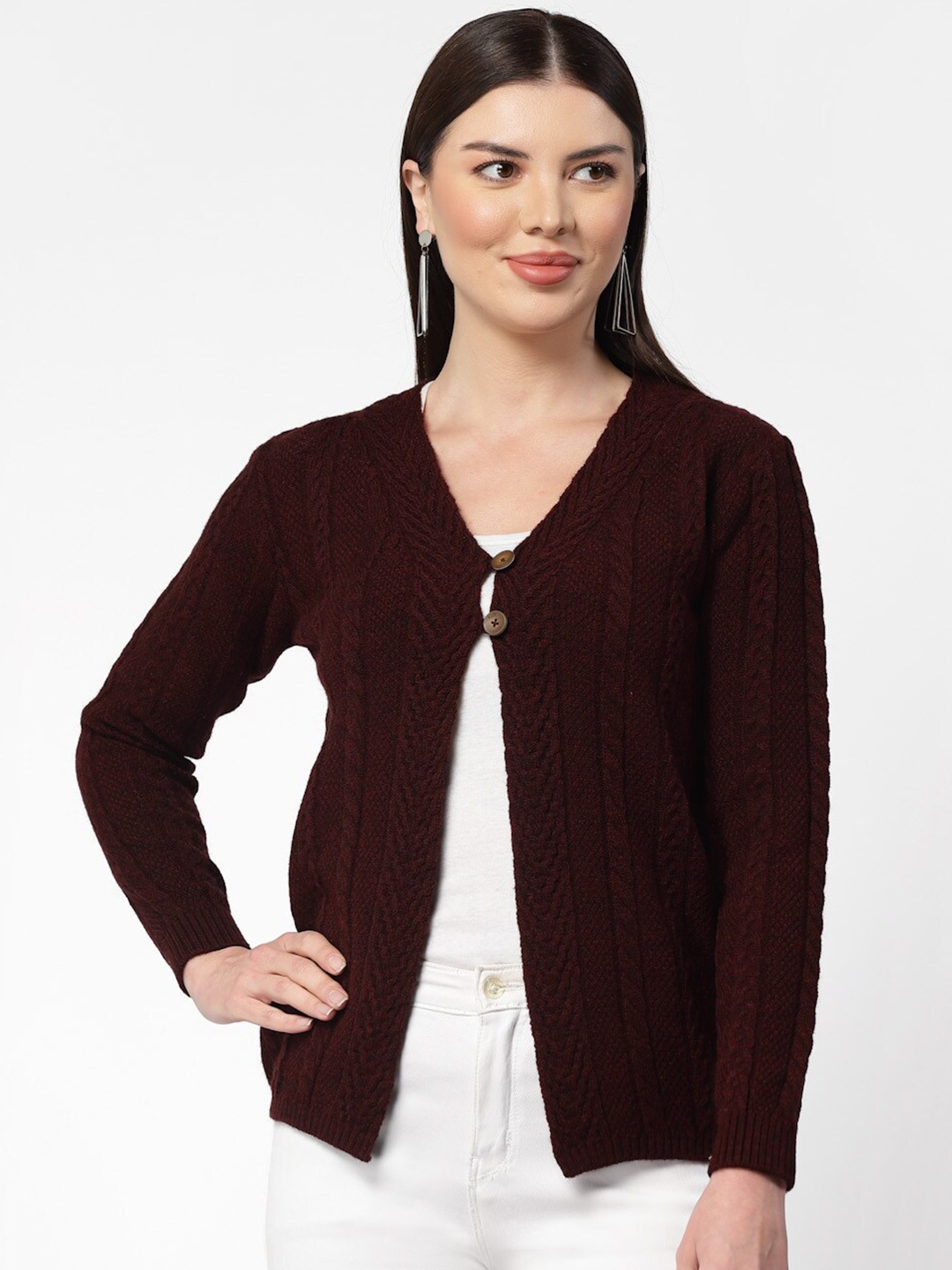 

Kalt Cable Knit Self Design Acrylic Cardigan Sweater, Maroon