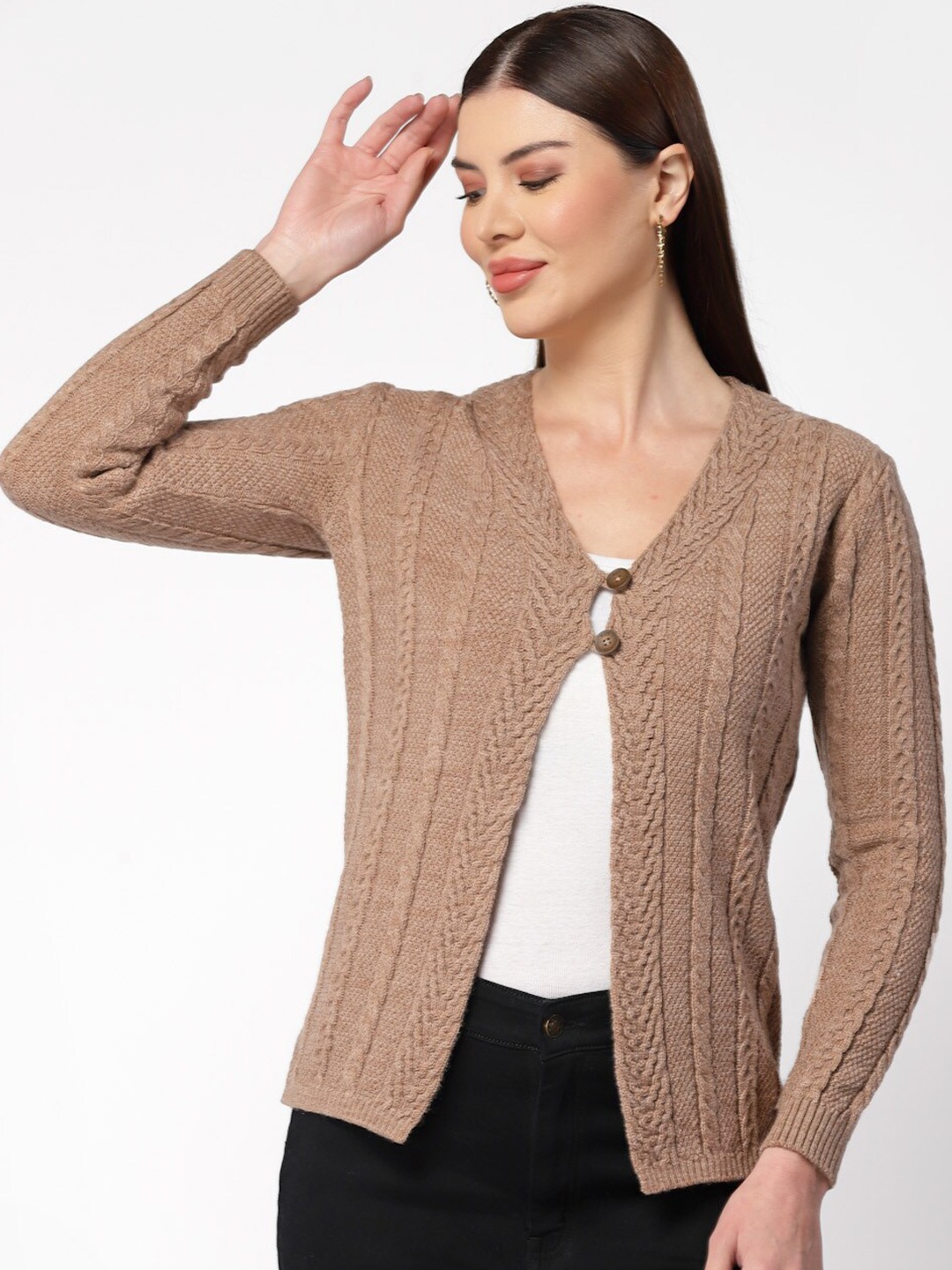 

Kalt Cable Knit Self Design Acrylic Cardigan Sweater, Brown