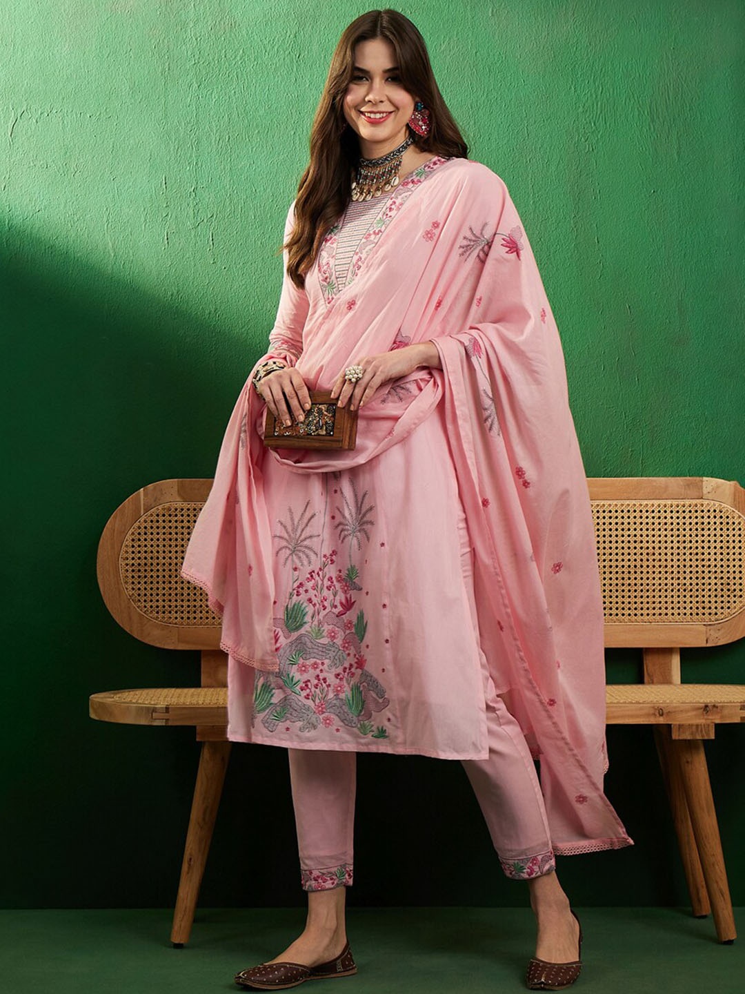 

Sangria Pink Floral Embroidered Pure Cotton Pleated A-Line Kurta With Trousers & Dupatta