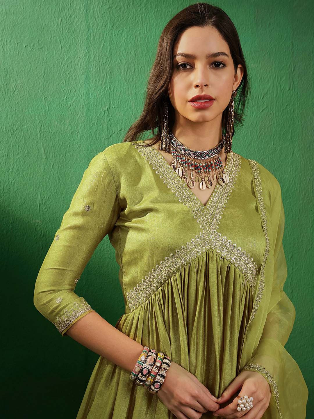 

Sangria Green Zari Embroidered V-Neck Empire A-Line Kurta With Trousers & Dupatta, Lime green