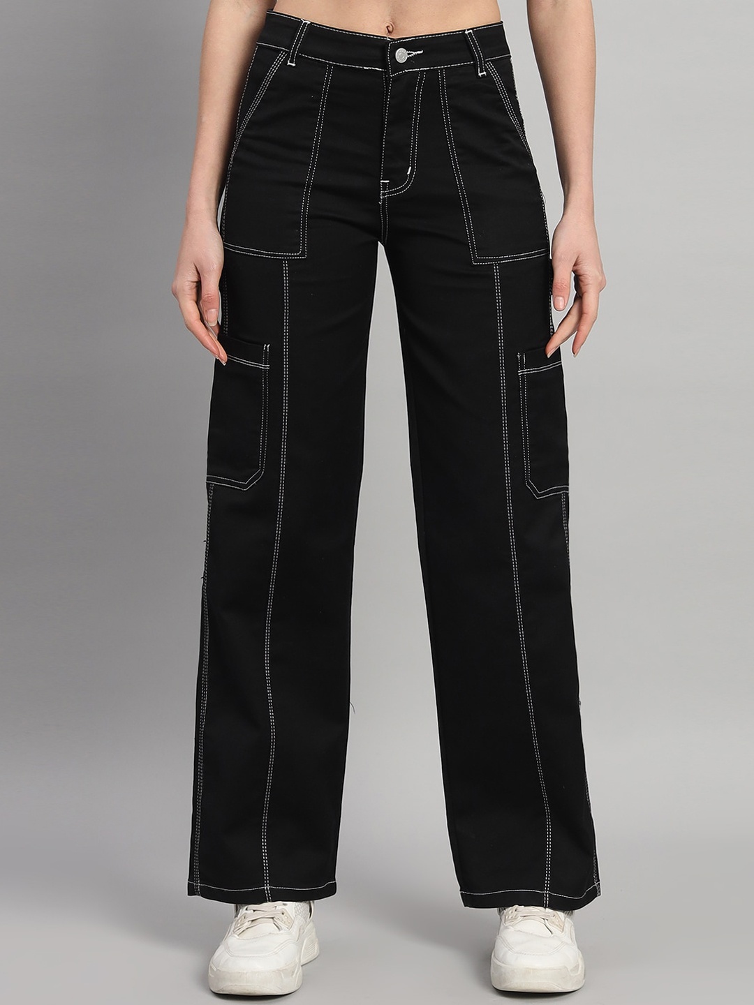 

BROOWL Women Classic Wide Leg High-Rise Light Fade Stretchable Jeans, Black