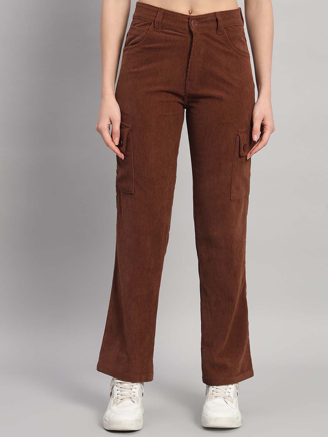 

BROOWL Women Relaxed Straight Fit Corduroy Weave Cotton Cargos Trousers, Brown