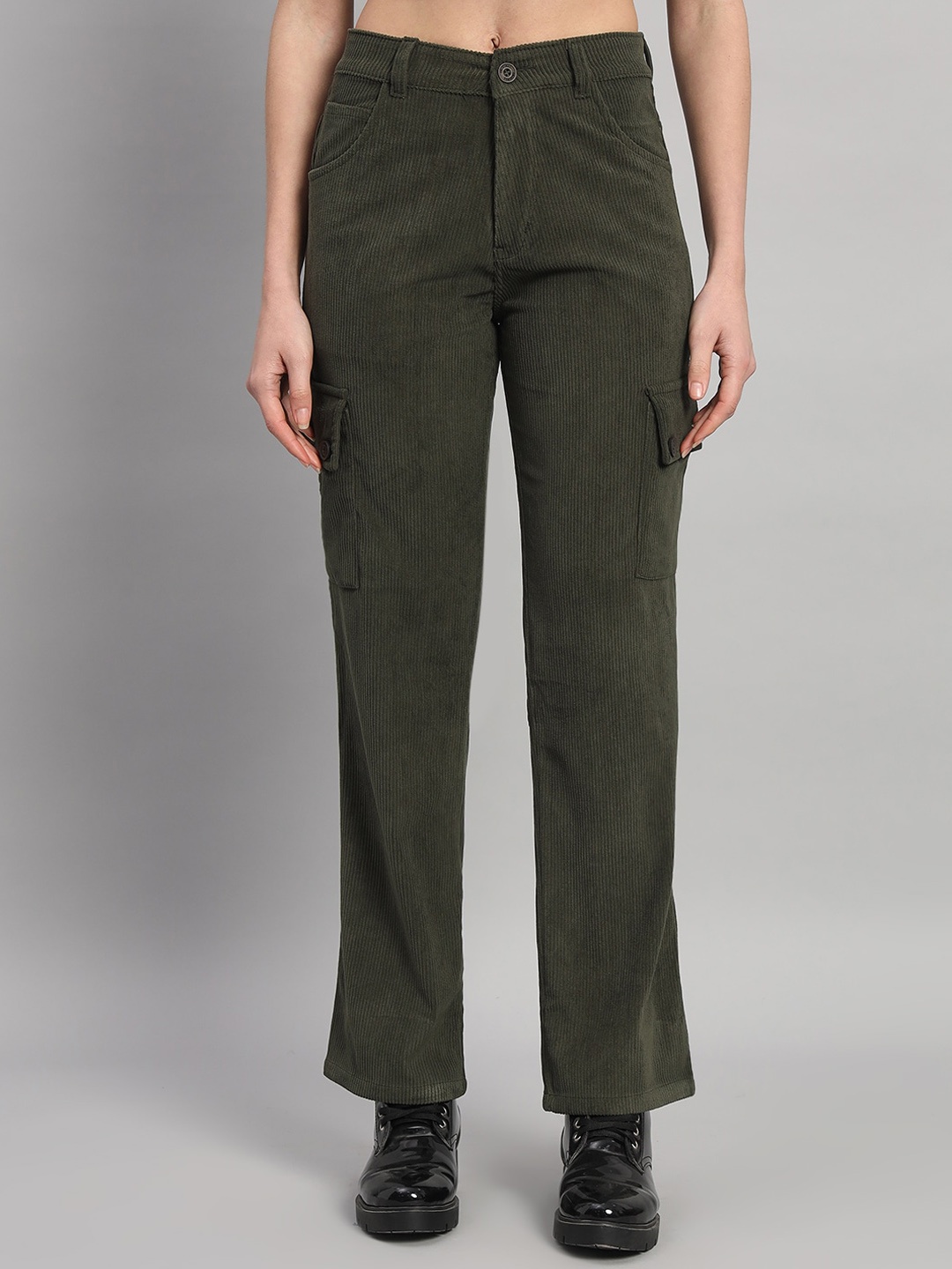 

BROOWL Women Relaxed Straight Fit Corduroy Weave Cotton Cargos Trousers, Olive