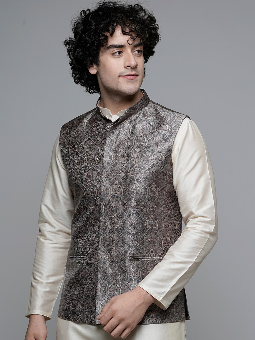 

MAAHI FABS Ethnic Motif Printed Nehru Jackets, Grey