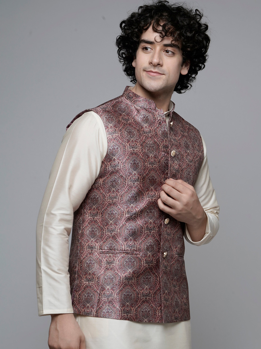 

MAAHI FABS Printed Mandarin Collar Satin Nehru Jacket, Maroon