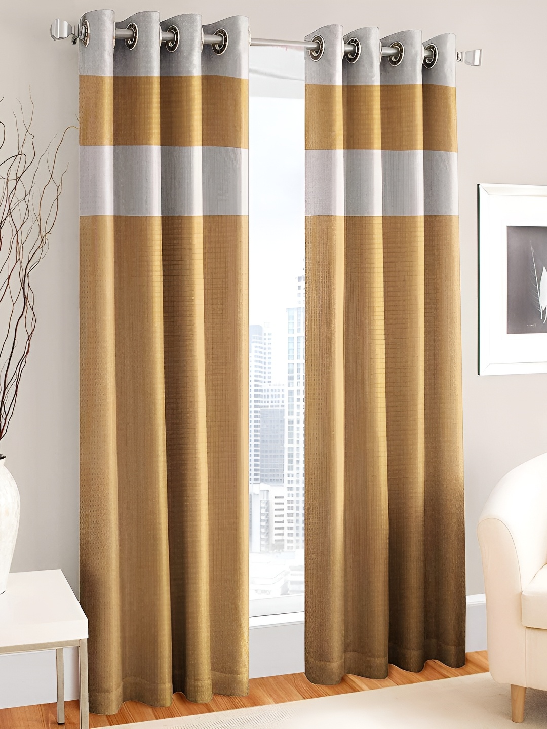 

HOMECRUST Yellow & Grey 2 Pieces Room Darkening Long Door Curtains