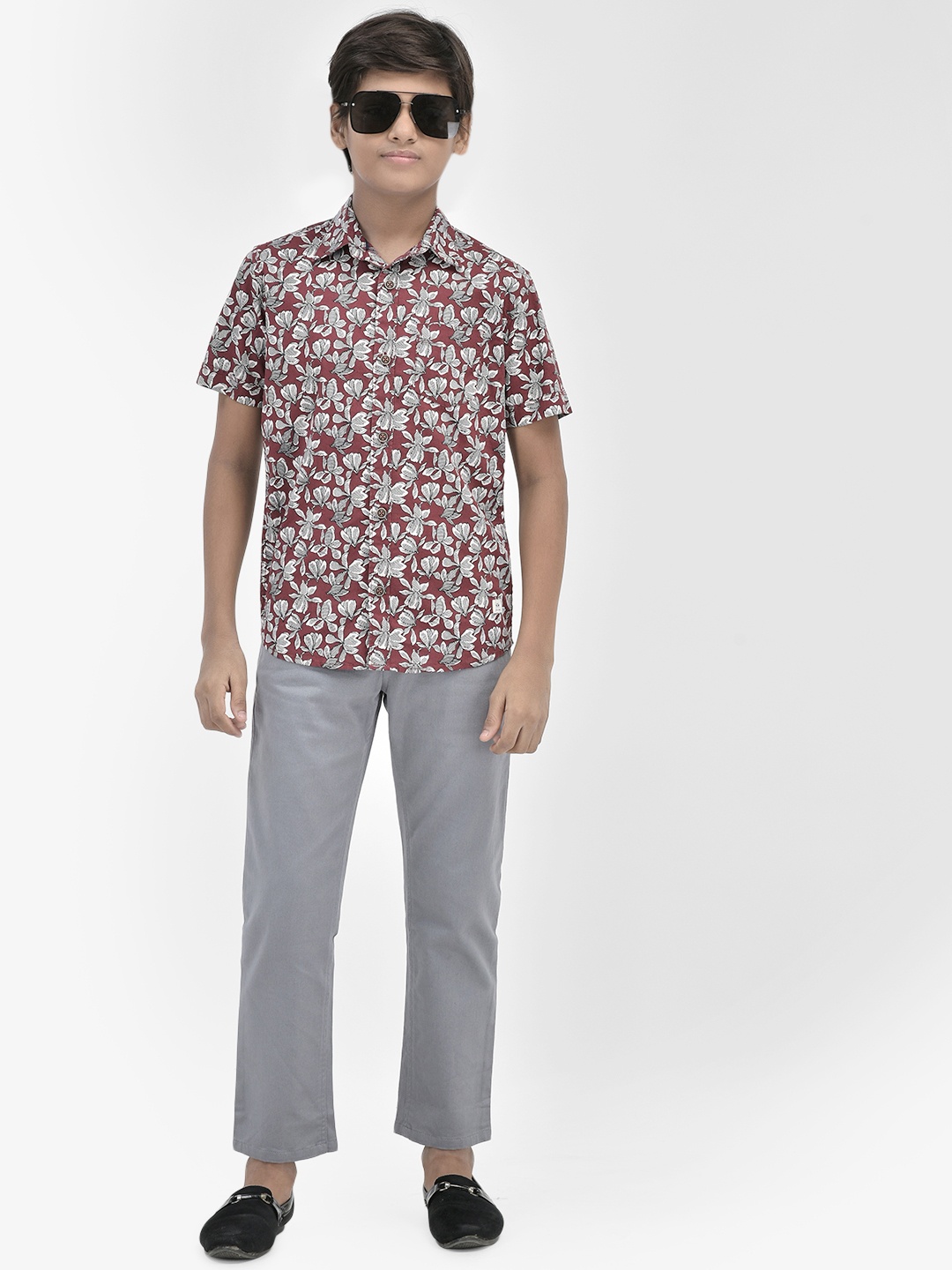 

Crimsoune Club Boys Floral Printed Spread Collar Slim Fit Cotton Casual Shirt, Maroon