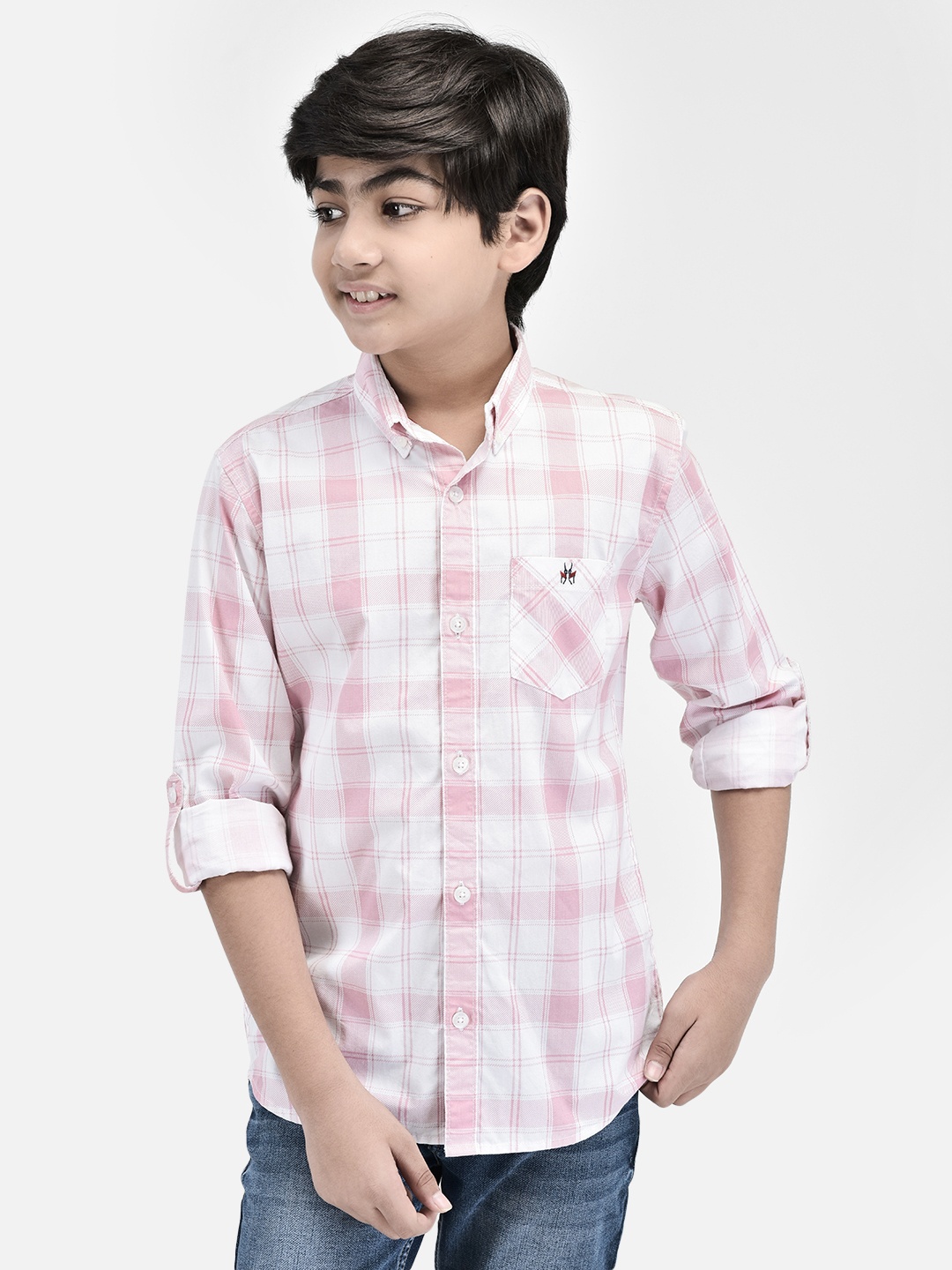 

Crimsoune Club Boys Tartan Checks Printed Roll-Up Sleeves Slim Fit Cotton Casual Shirt, Peach