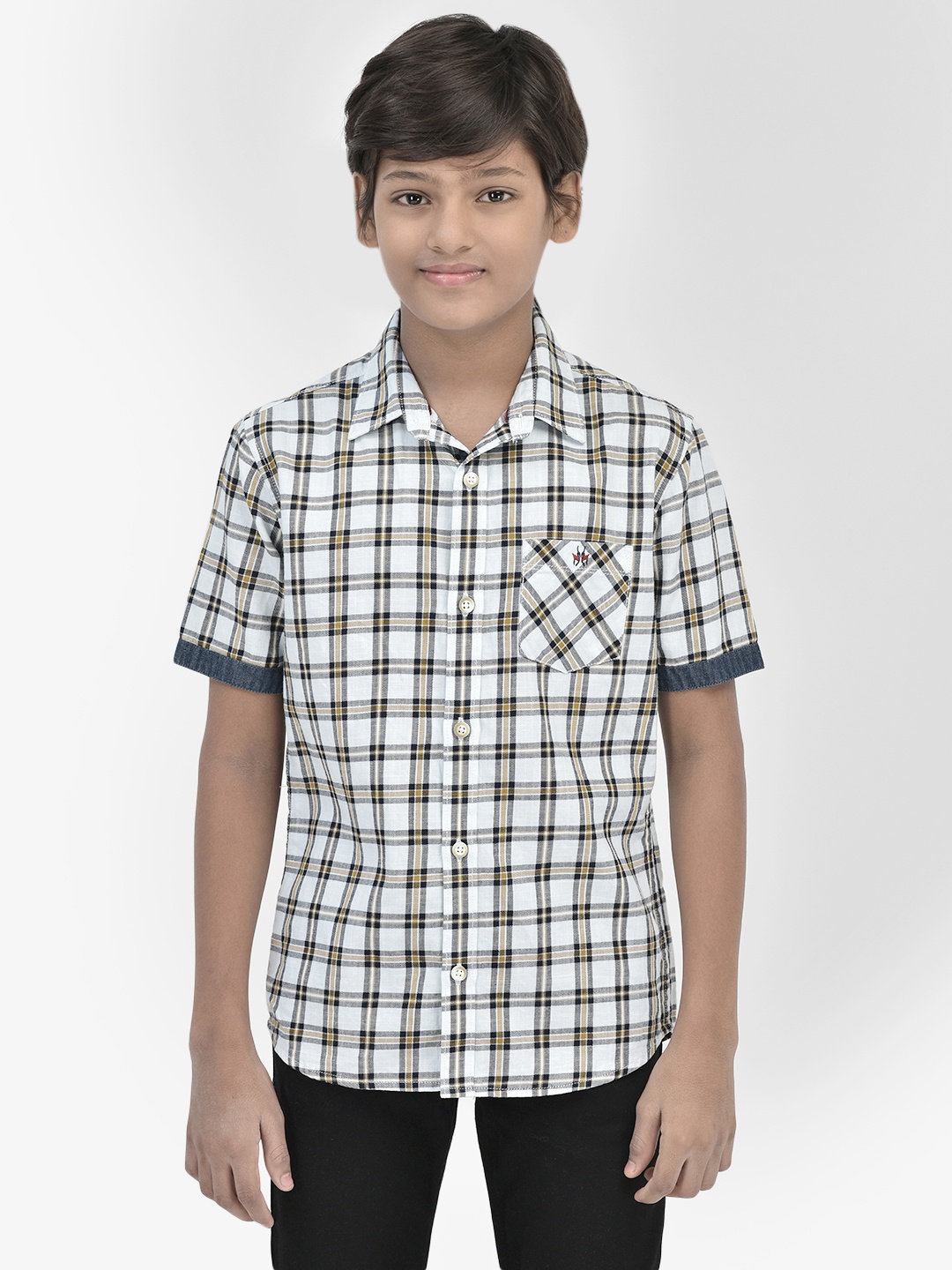 

Crimsoune Club Boys Classic Tartan Checks Spread Collar Half Sleeves Cotton Shirt, White