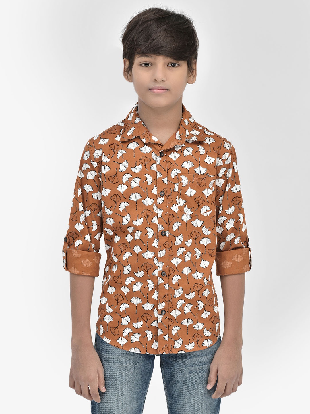 

Crimsoune Club Boys Classic Floral Spread Collar Chest Pocket Roll-Up Sleeves Cotton Shirt, Orange