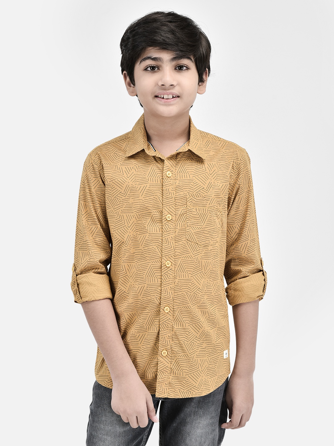 

Crimsoune Club Boys Classic Abstract Spread Collar Chest Pocket Roll-Up Sleeves Shirt, Mustard