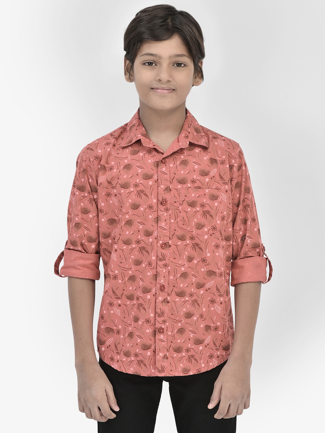 

Crimsoune Club Boys Classic Slim Fit Floral Printed Pure Cotton Casual Shirt, Peach