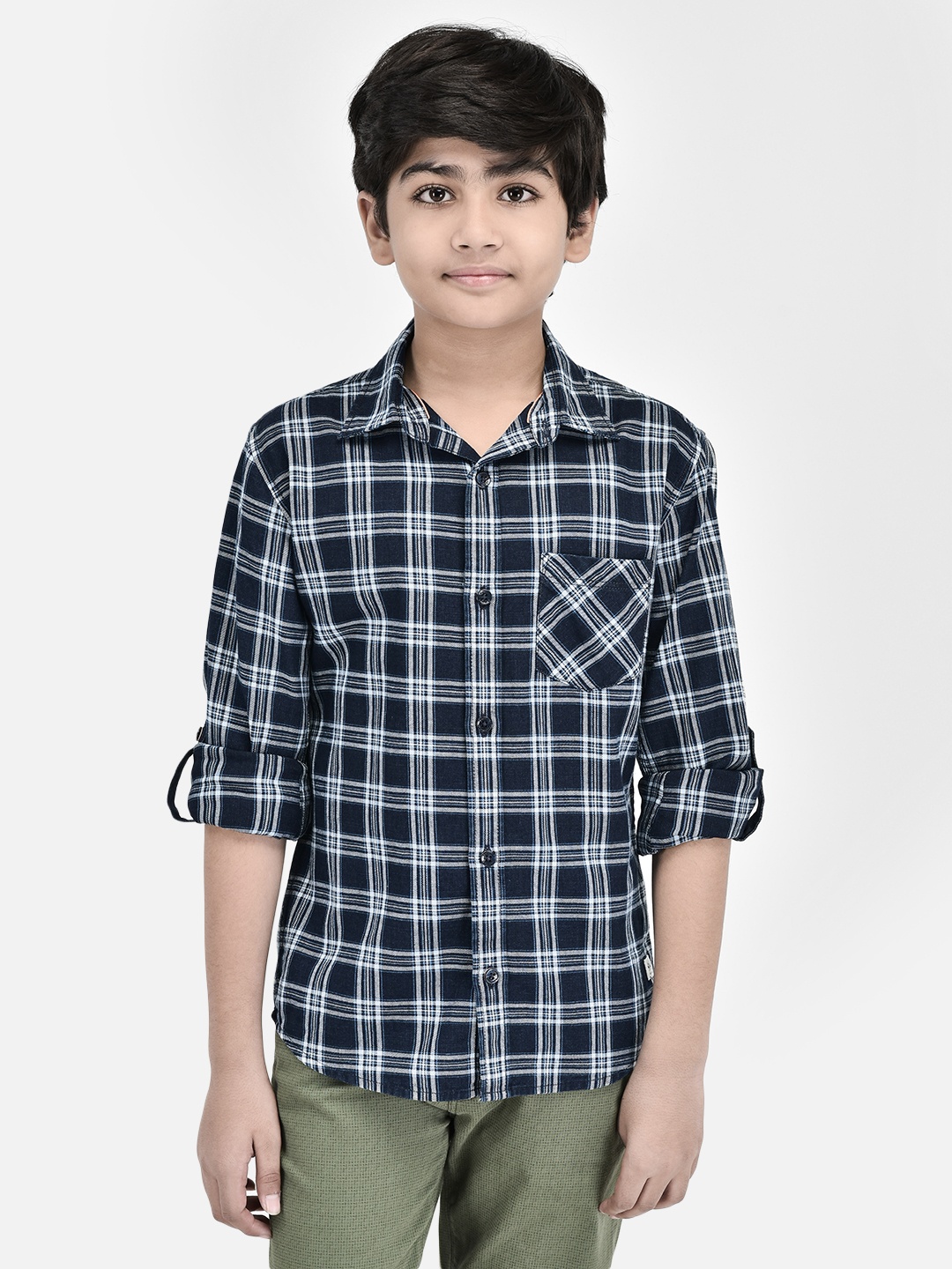 

Crimsoune Club Boys Classic Slim Fit Tartan Checked Pure Cotton Casual Shirt, White
