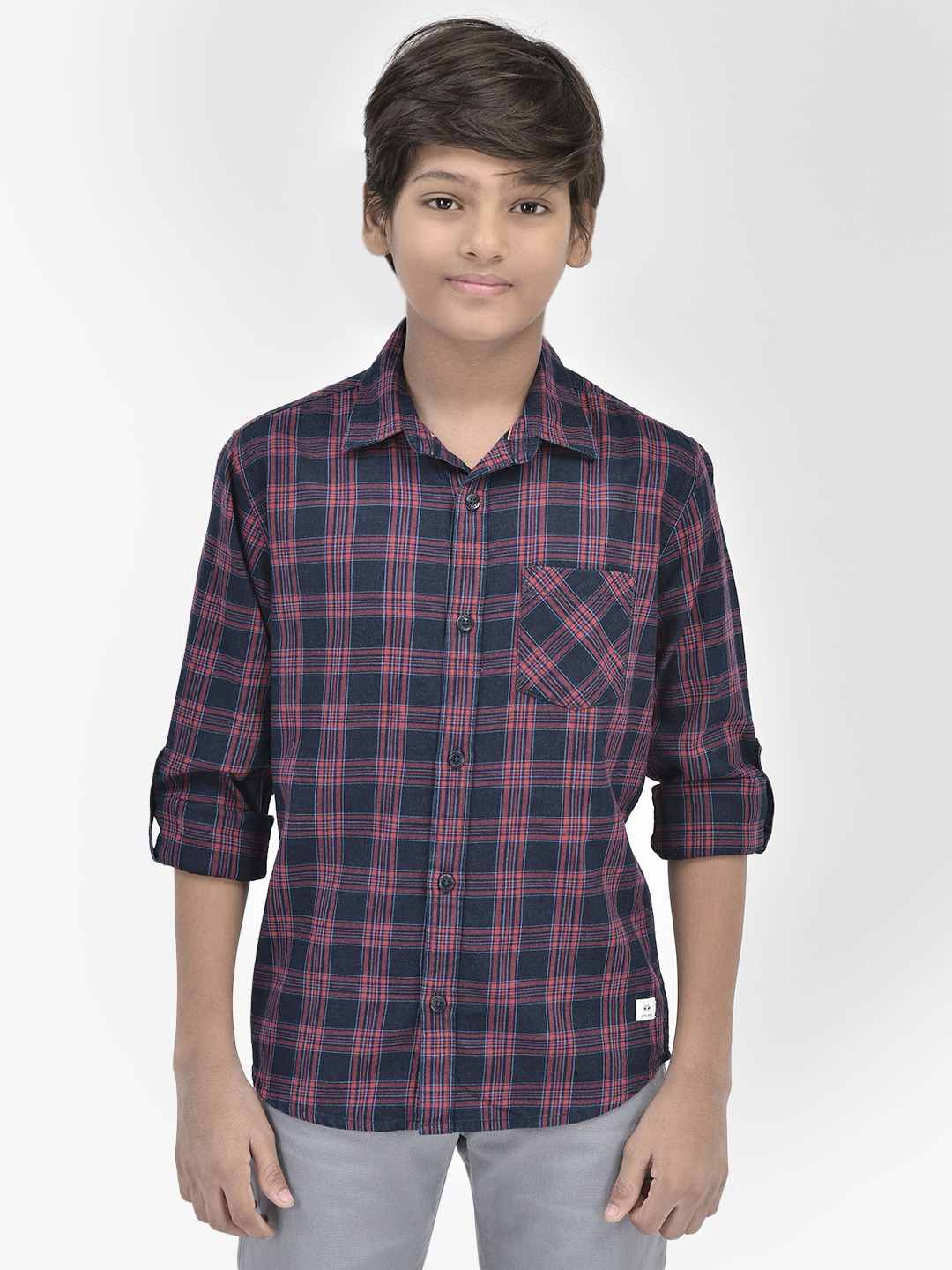 

Crimsoune Club Boys Classic Slim Fit Checked Pure Cotton Casual Shirt, Red