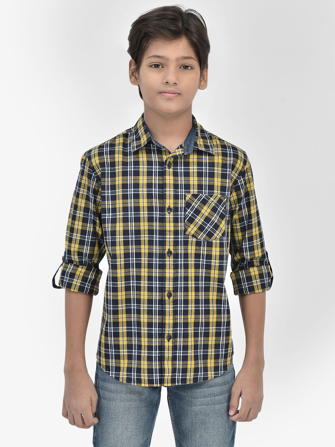 

Crimsoune Club Boys Classic Slim Fit Tartan Checked Pure Cotton Casual Shirt, Yellow