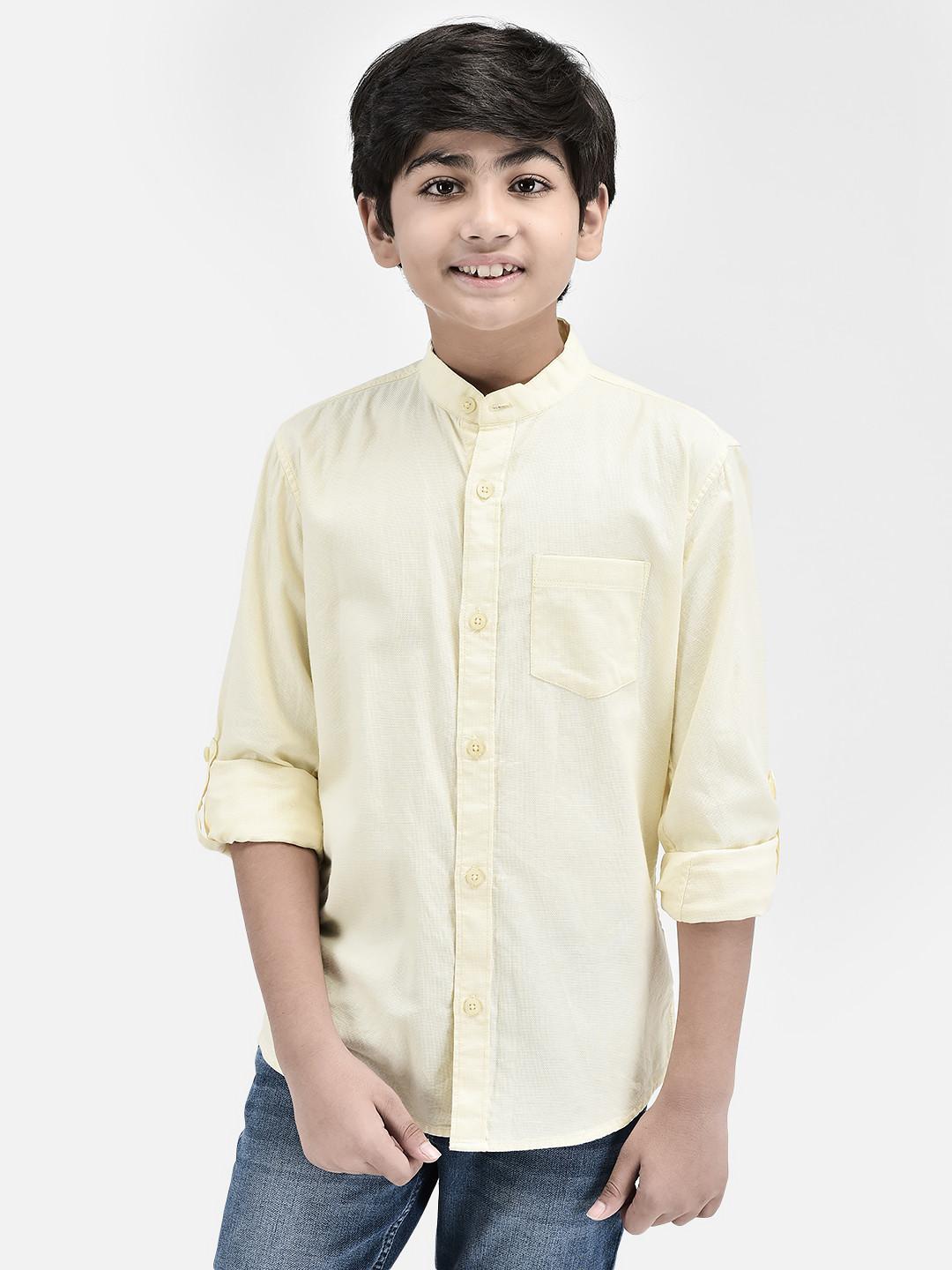 

Crimsoune Club Boys Classic Slim Fit Mandarin Collar Long Sleeves Cotton Casual Shirt, Yellow