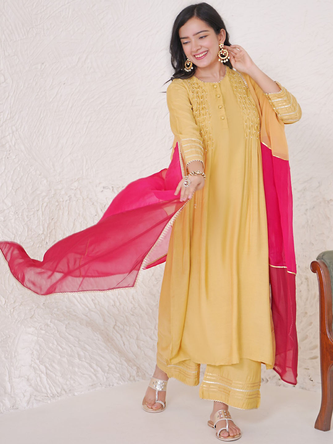 

NERO Self Design Pleated Beads and Stones A-Line Kurta with Trousers, Gold