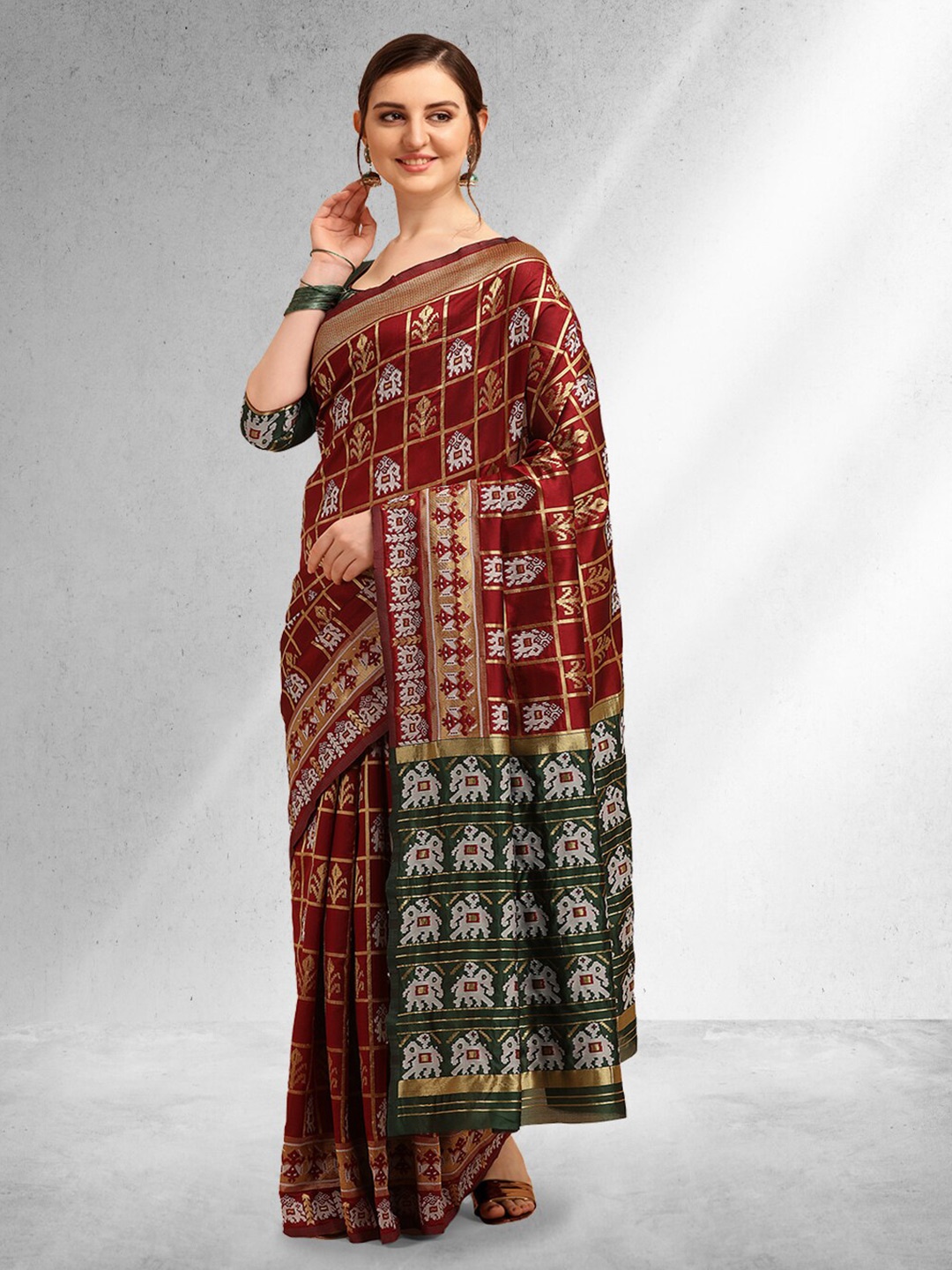 

RAJGRANTH Ethnic Motifs Woven Design Zari Patola Saree, Maroon