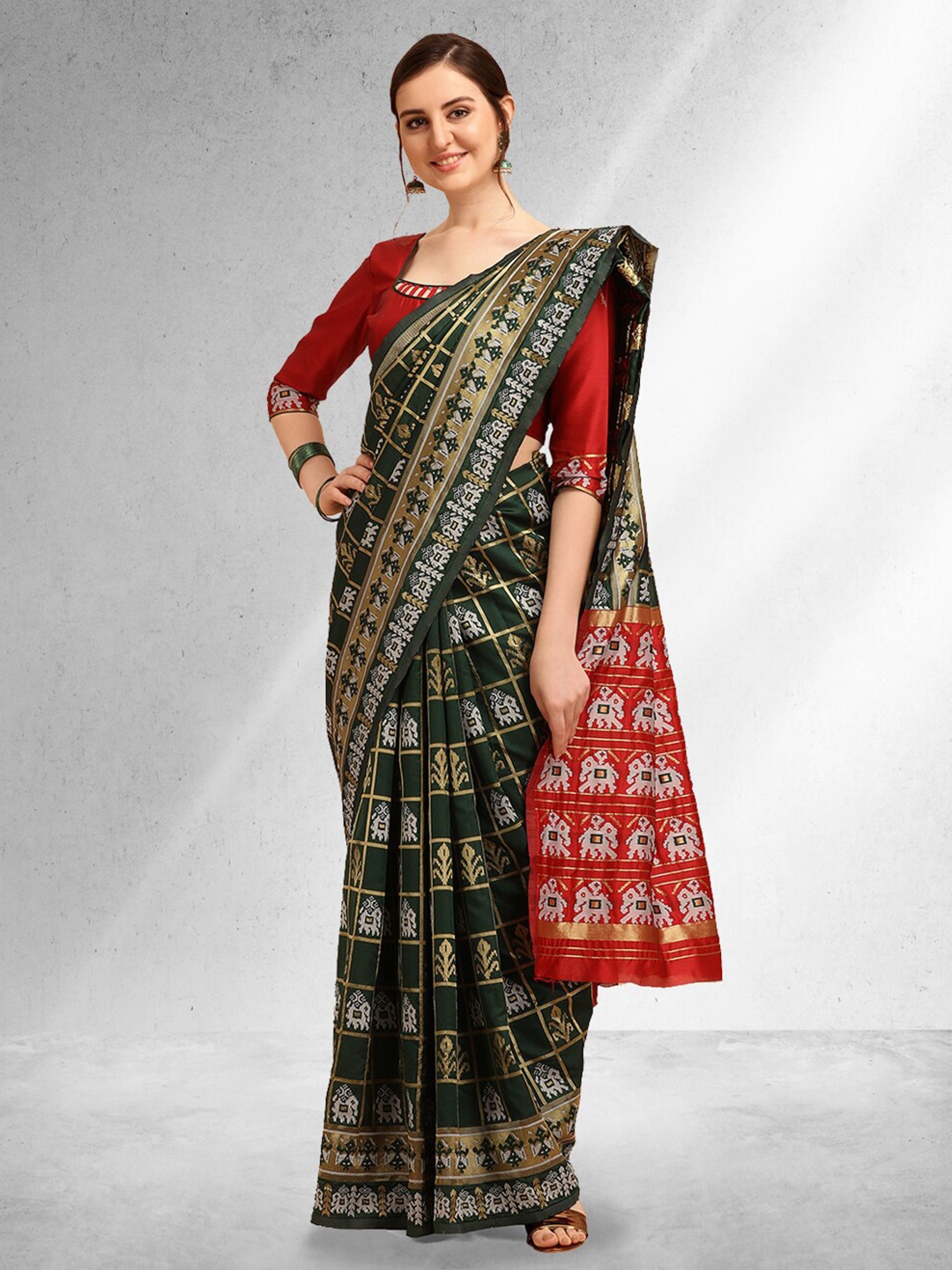 

RAJGRANTH Woven Design Zari Cotton silk Patola Saree, Green