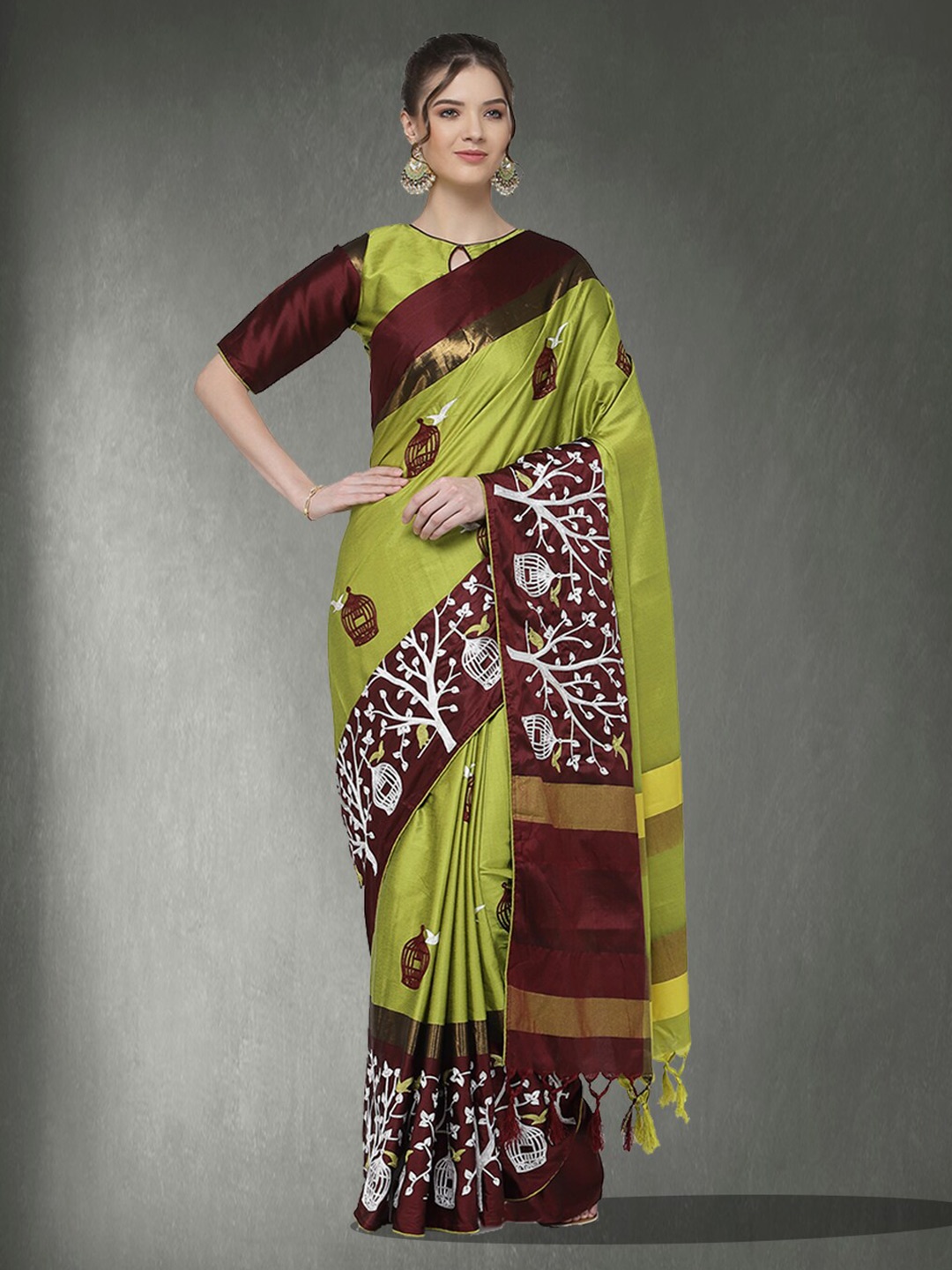 

RAJGRANTH Printed Cotton Silk Zari Arani Saree, Green