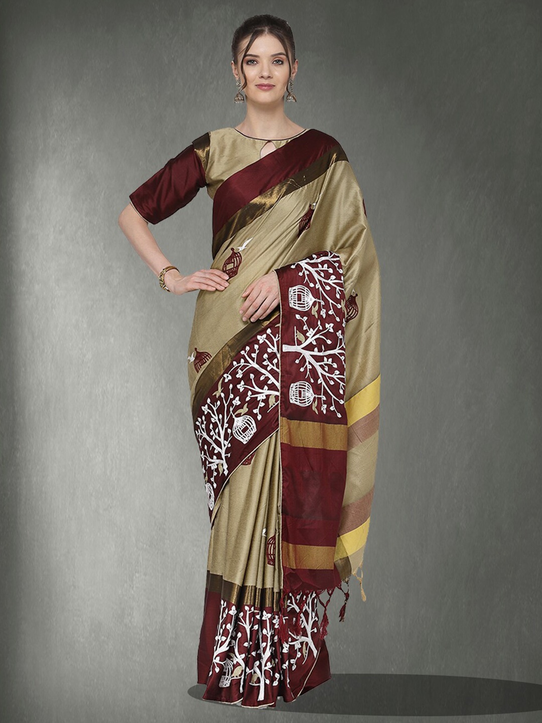 

RAJGRANTH Ethnic Motifs Printed Embroidered Arani Saree, Cream