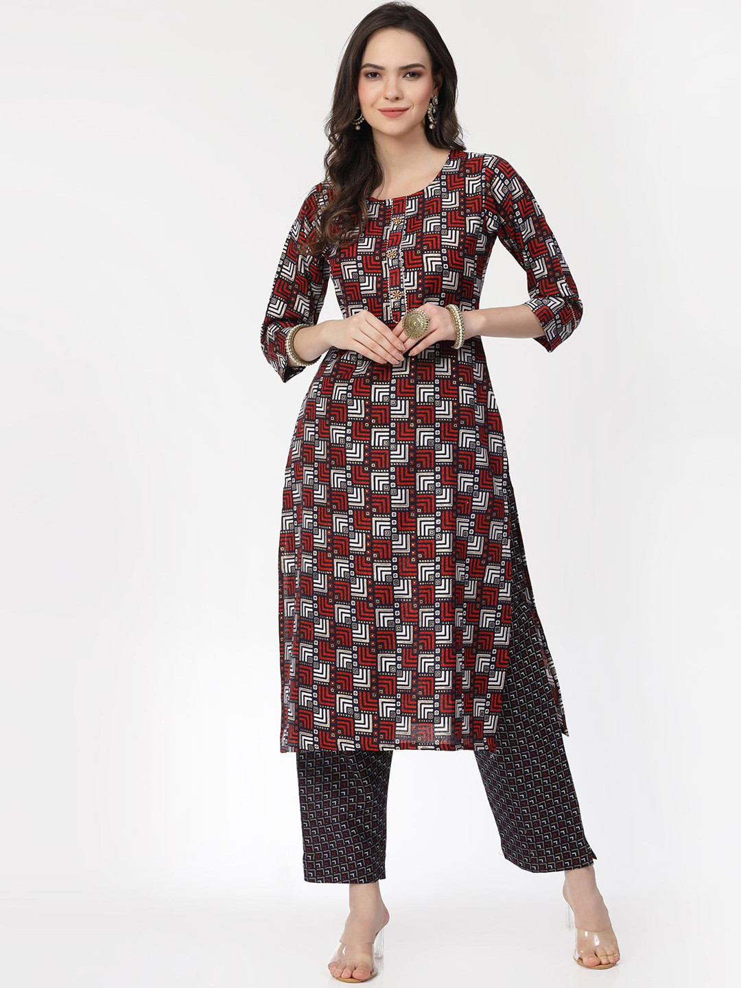 

KALINI Printed Regular Pure Cotton Kurta with Pyjamas, Maroon