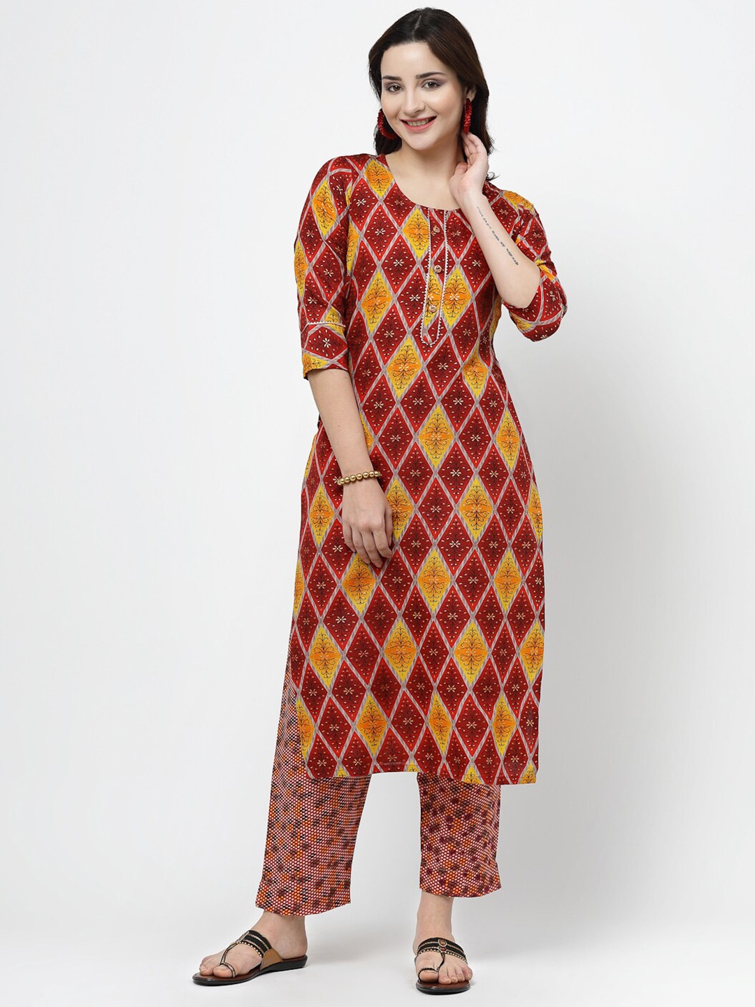 

KALINI Geometric Printed Gotta Patti Straight Pure Cotton Kurta with Pyjamas, Red