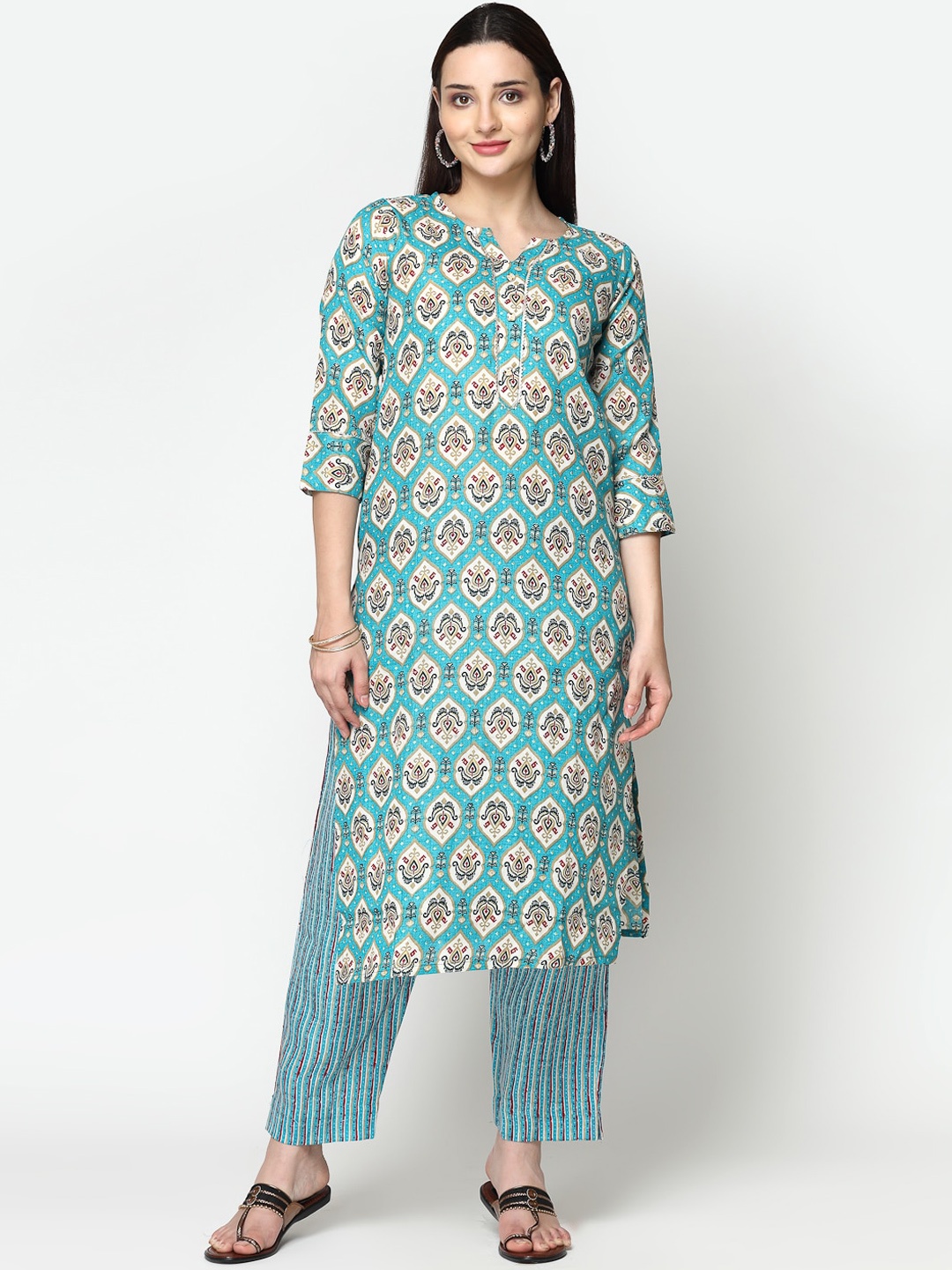 

KALINI Floral Printed Regular Pure Cotton Kurta with Trousers, Blue