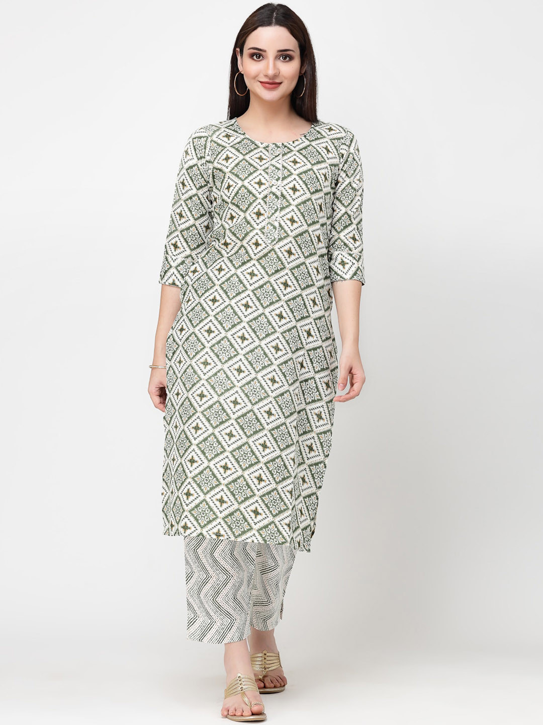

KALINI Ethnic Motifs Printed Round Neck Pure Cotton Straight Kurta With Trouser, Green