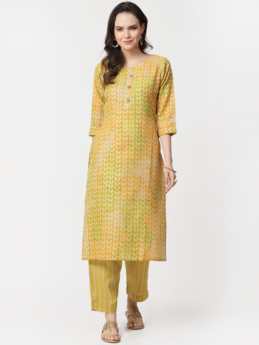 

KALINI Floral Printed Round Neck Three-Quarter Sleeves Pure Cotton Kurta with Pyjamas, Yellow