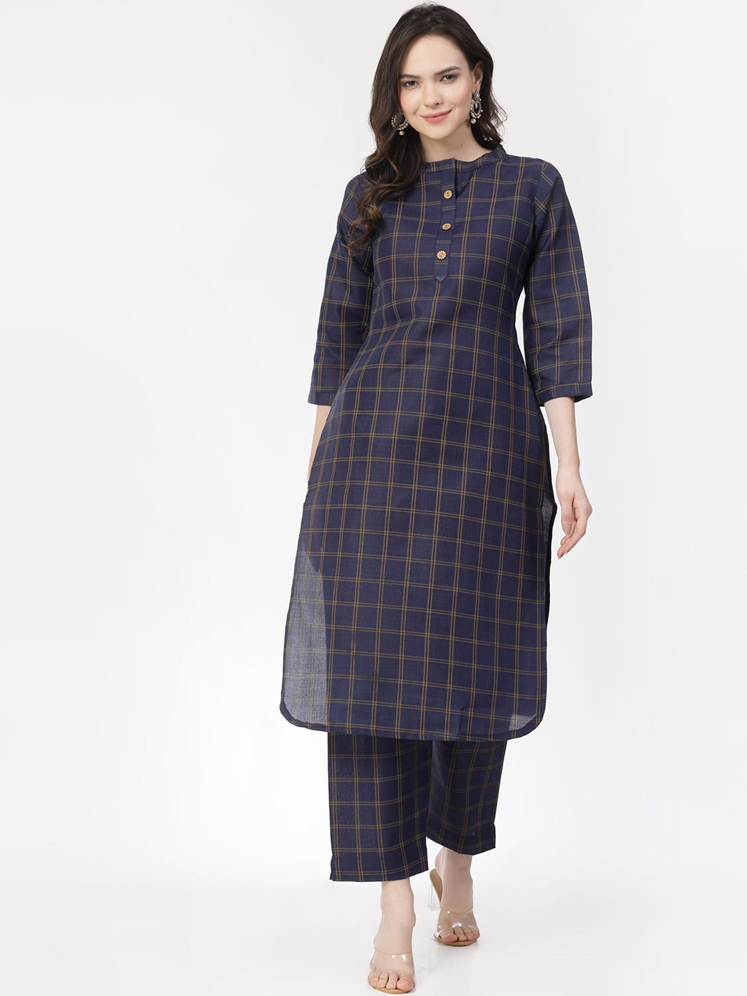 

KALINI Checked Regular Pure Cotton Kurta with Trousers, Blue