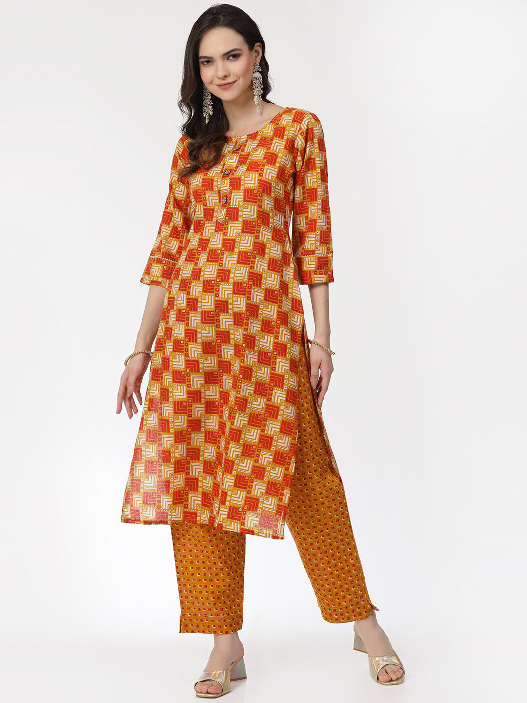 

KALINI Geometric Printed Regular Pure Cotton Kurta With Trouser, Orange
