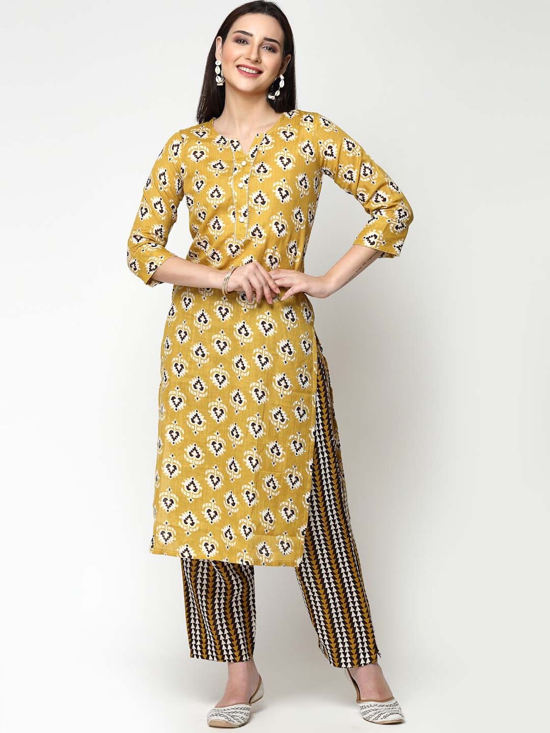 

KALINI Floral Printed Regular Pure Cotton Kurta with Trousers, Yellow