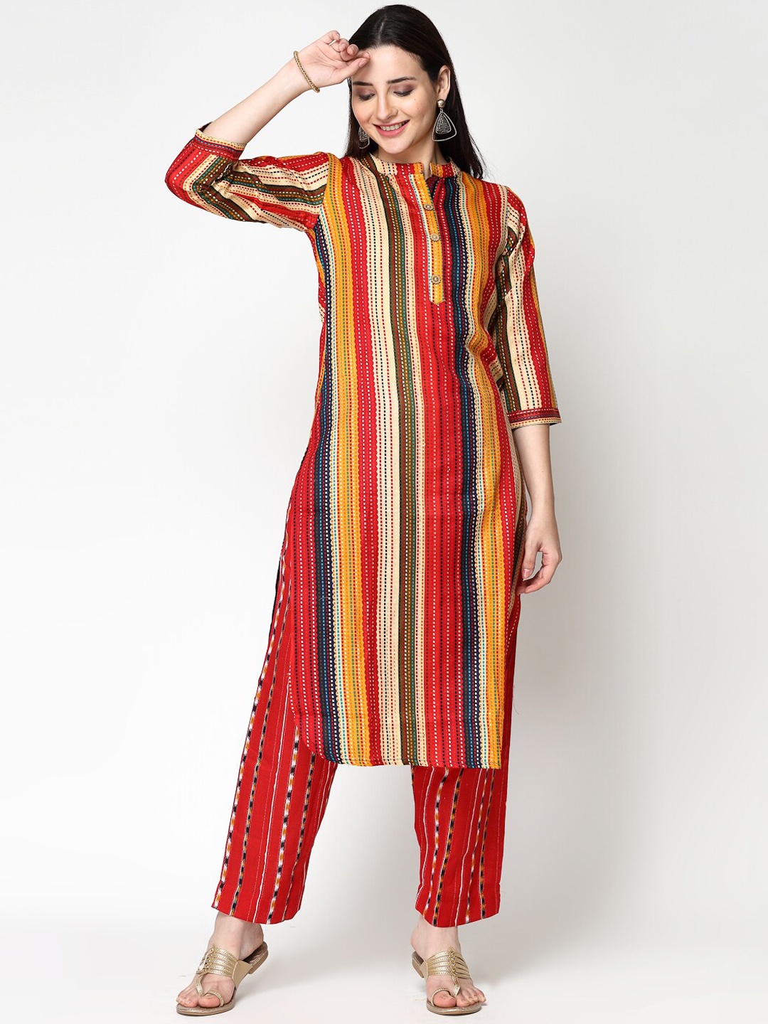 

KALINI Striped Printed Straight Pure Cotton Kurta with Trousers, Yellow