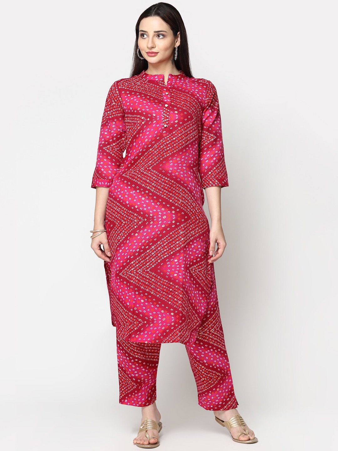 

KALINI Bandhani Printed Regular Pure Cotton Kurta with Trousers, Pink