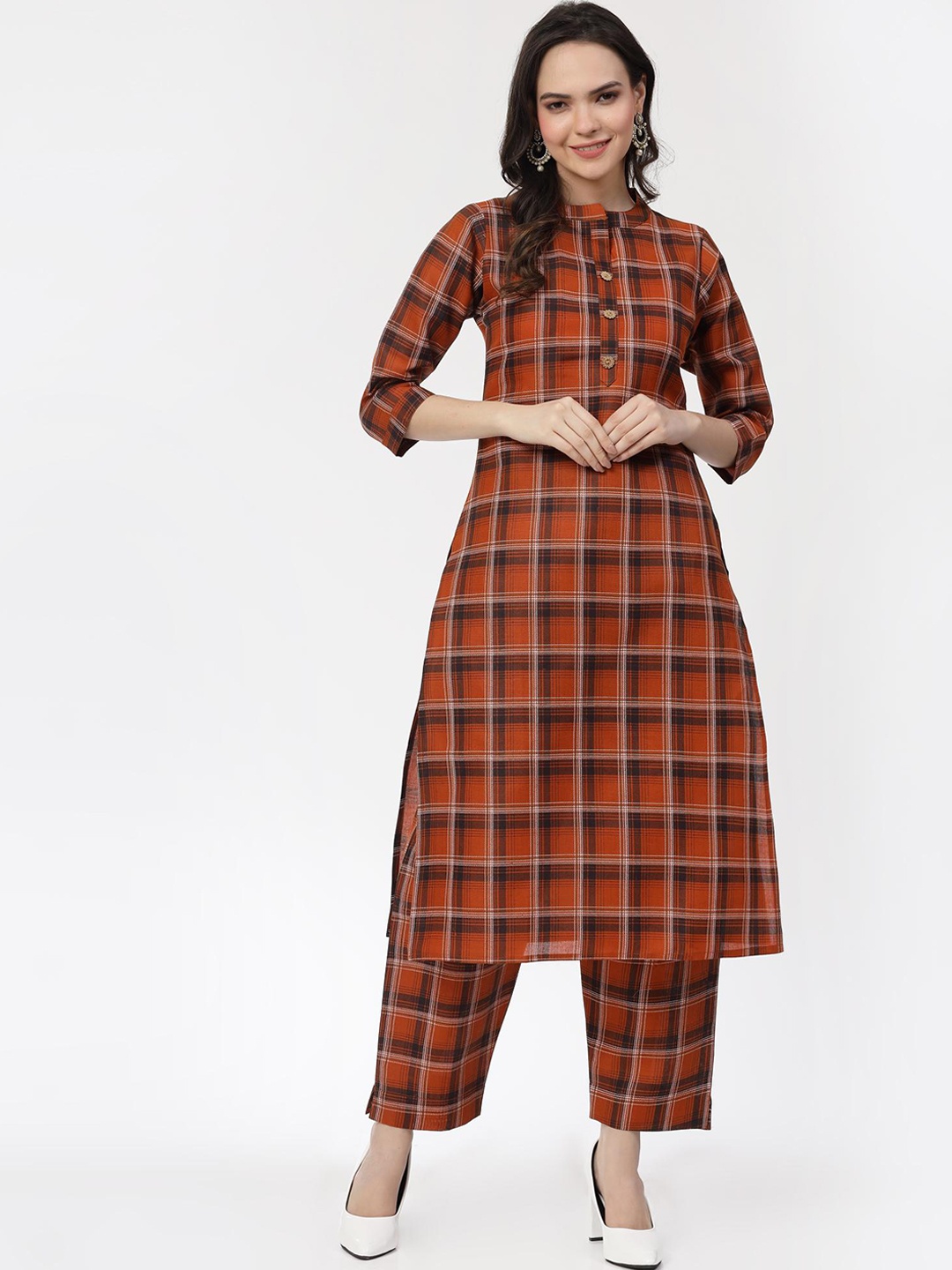 

KALINI Regular Checked Printed Pure Cotton Kurta with Trousers, Red