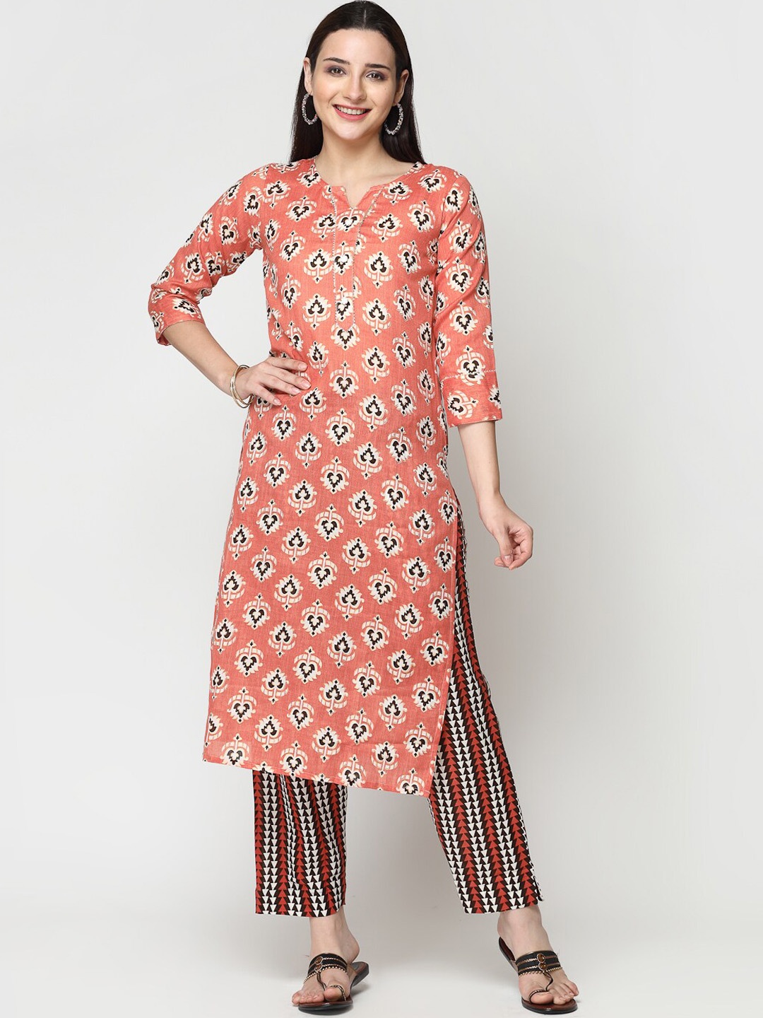 

KALINI Ethnic Motifs Printed Regular Pure Cotton Kurta with Trousers, Pink