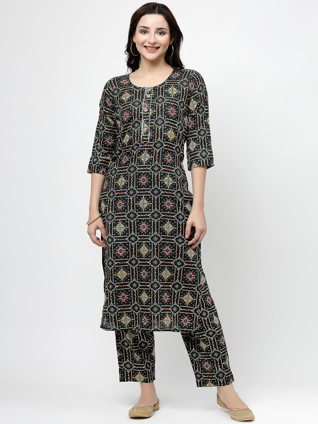 

KALINI Geometric Printed Regular Pure Cotton Kurta with Trousers, Green