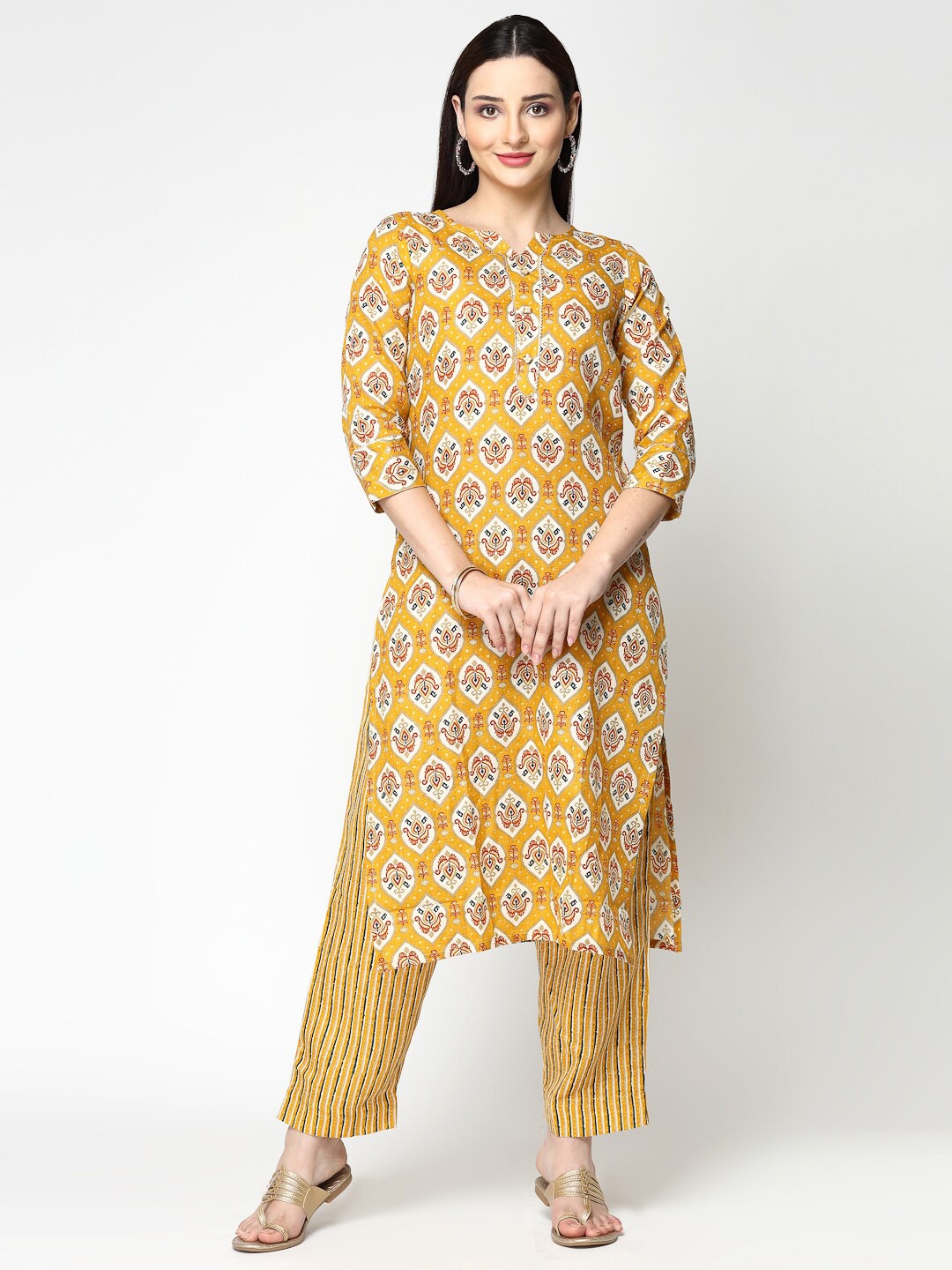 

KALINI Ethnic Motifs Printed Regular Pure Cotton Kurta with Trousers, Yellow