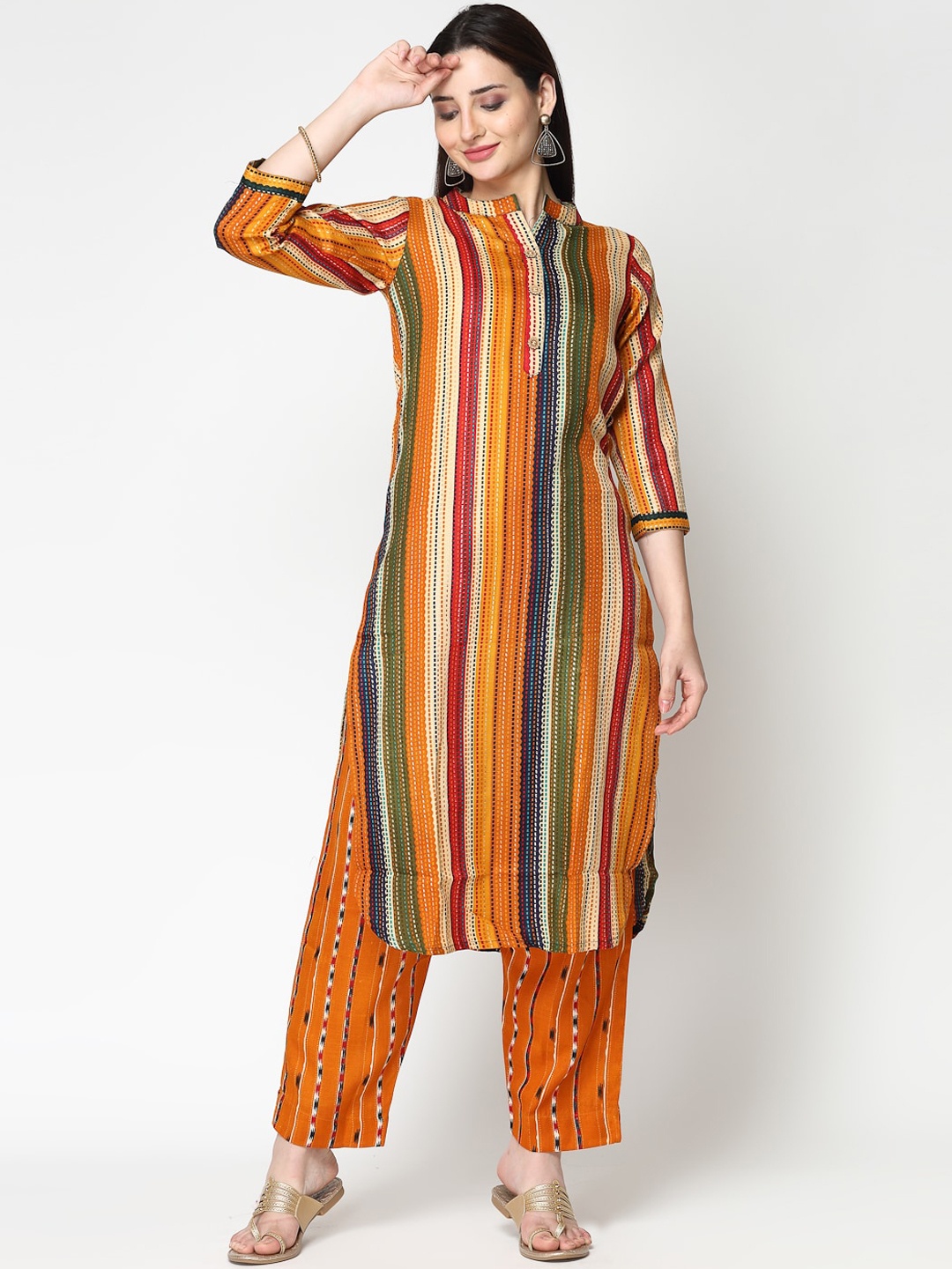 

KALINI Striped Printed Regular Pure Cotton Kurta with Trousers, Orange