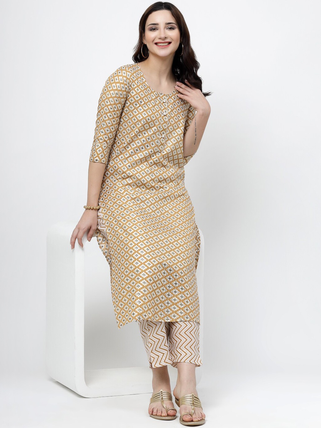 

KALINI Women Ethnic Motifs Printed Regular Pure Cotton Kurta with Trousers, Yellow