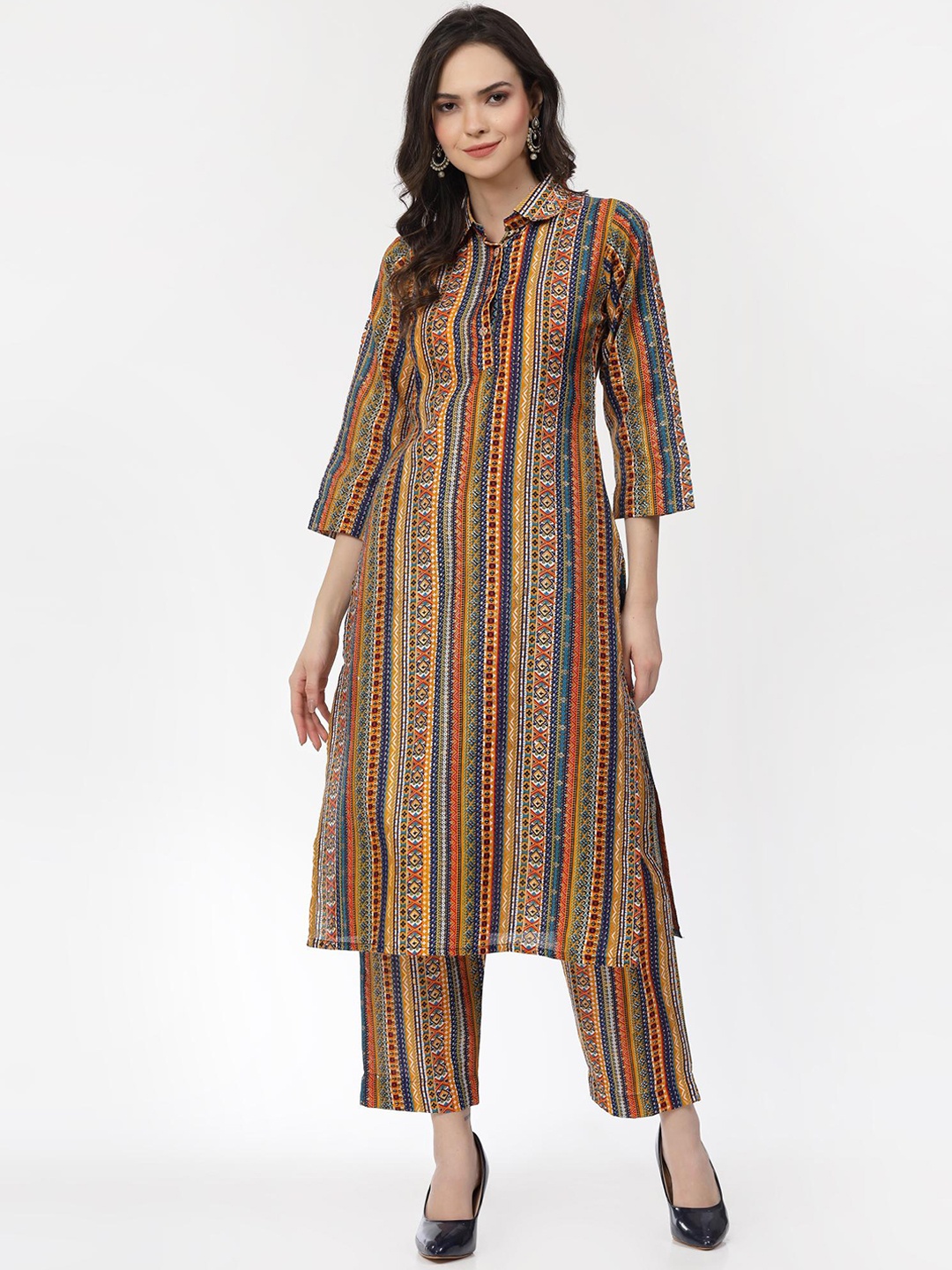 

KALINI Ethnic Motifs Printed Regular Pure Cotton Kurta with Trousers, Yellow