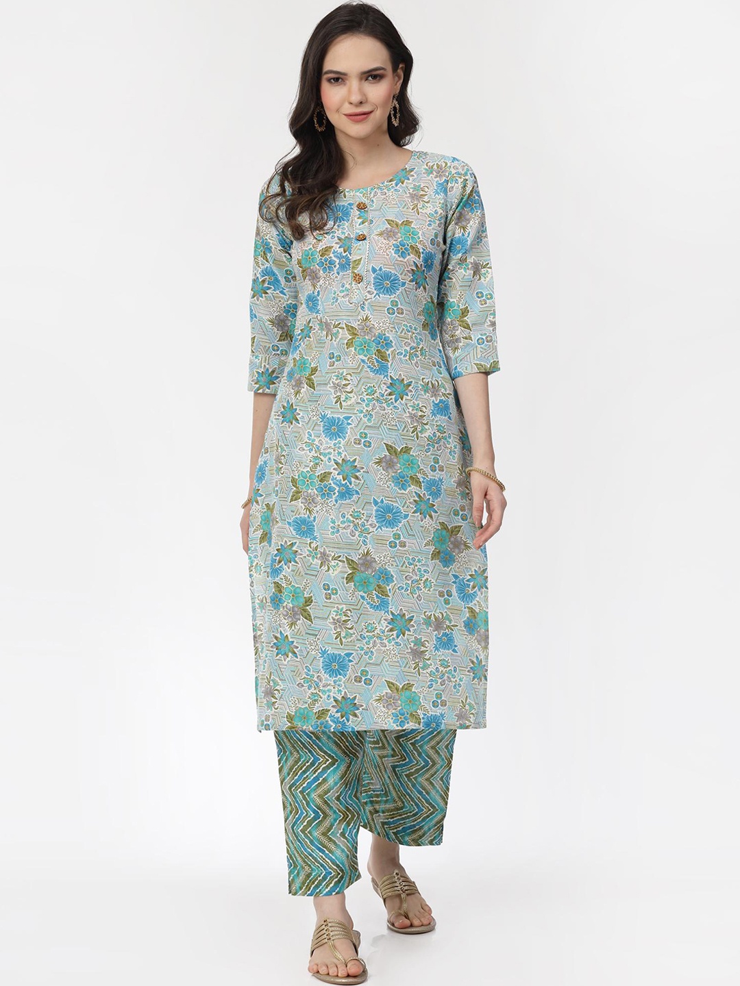 

KALINI Floral Printed Regular Pure Cotton Kurta with Palazzos, Blue
