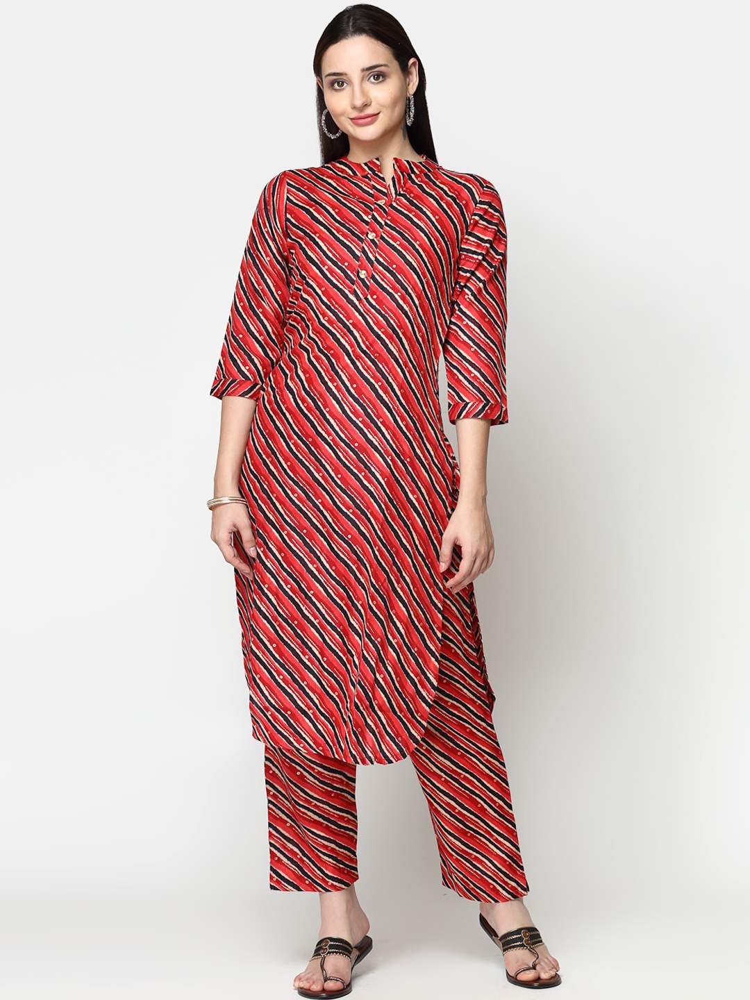 

KALINI Striped Mandarin Collar Regular Pure Cotton Kurta with Trousers, Red