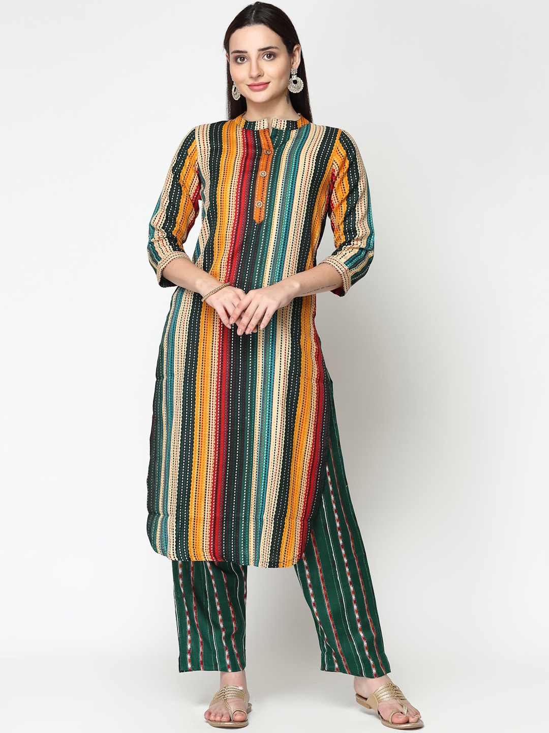 

KALINI Striped Mandarin Collar Three-Quarter Sleeves Pure Cotton Kurta with Trousers, Green